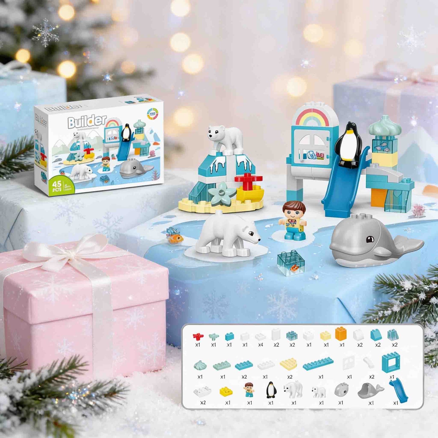 Kids building blocks set with ice world slide and animal figures