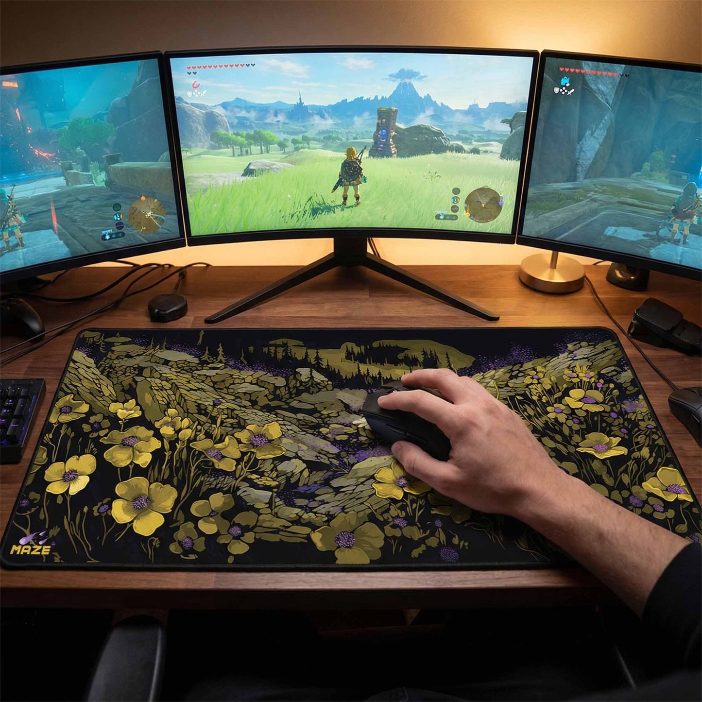MAZE Light Series– Arcane Yellow Floral 2XL Extended Gaming Desk Mat