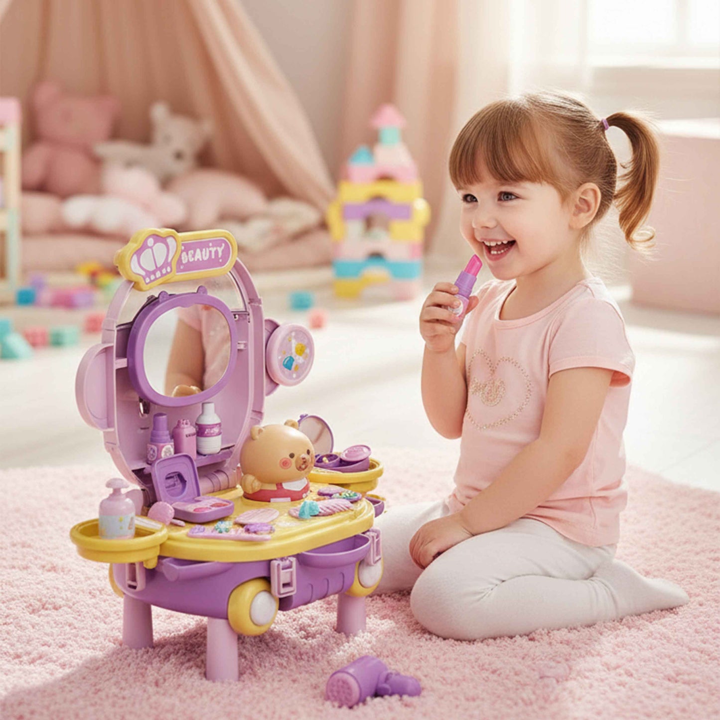 Convertible Beauty Airplane Vanity Table with Accessories (Kids Pretend Play)