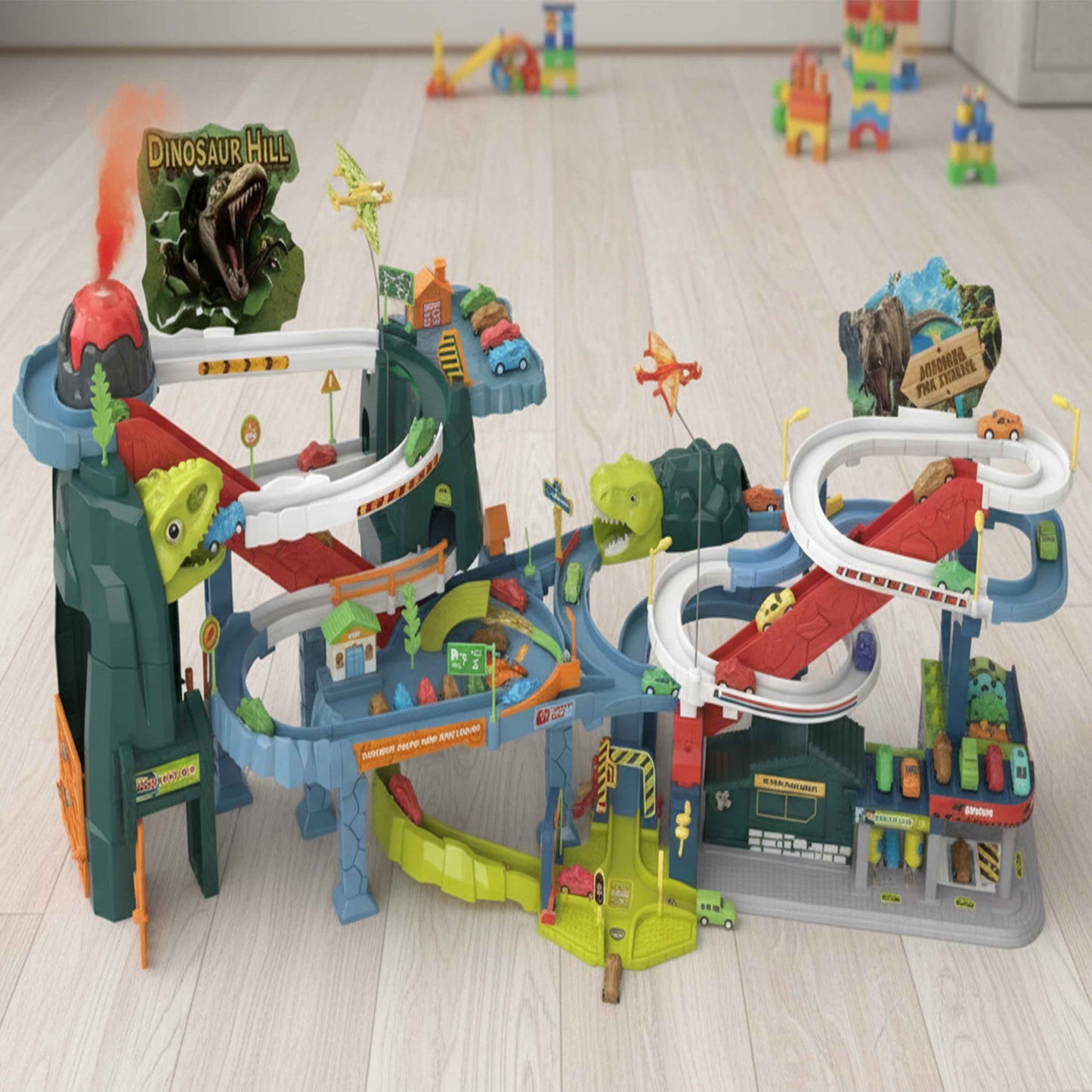 Dinosaur Urban Overpass Track & Volcano Adventure Playset – 2 in 1