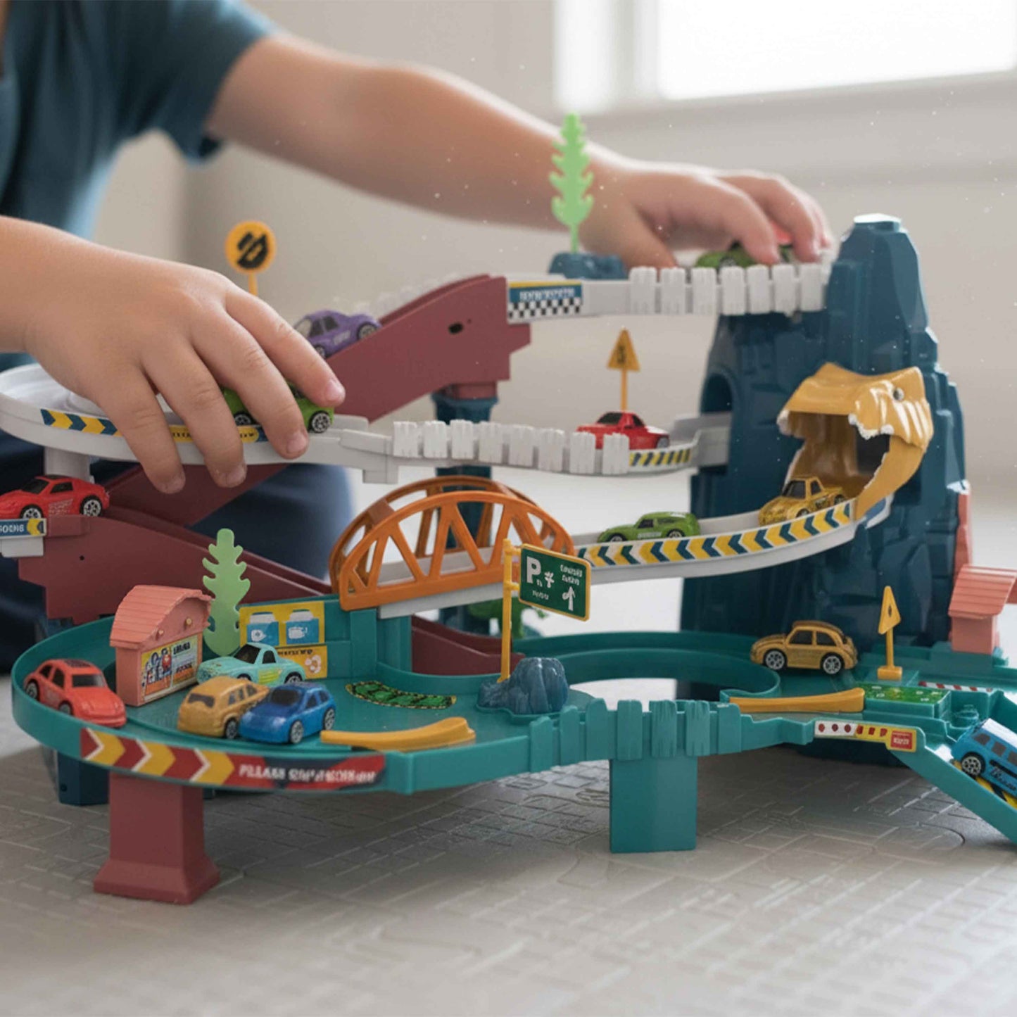 Dinosaur Parking Lot Car Track Playset with Ramps (Age 3+)