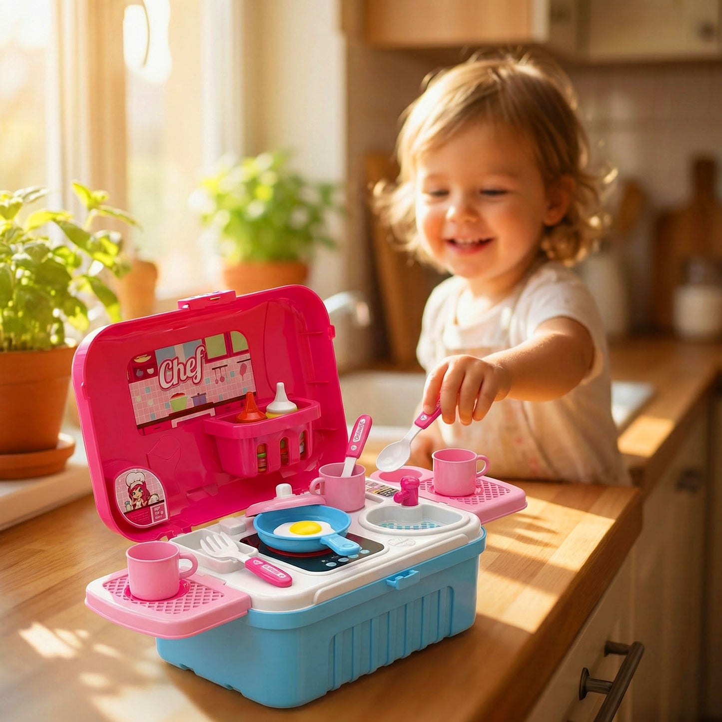 3-in-1 Kids Chef Kitchen Suitcase Playset – Portable Cooking Role Play Toy