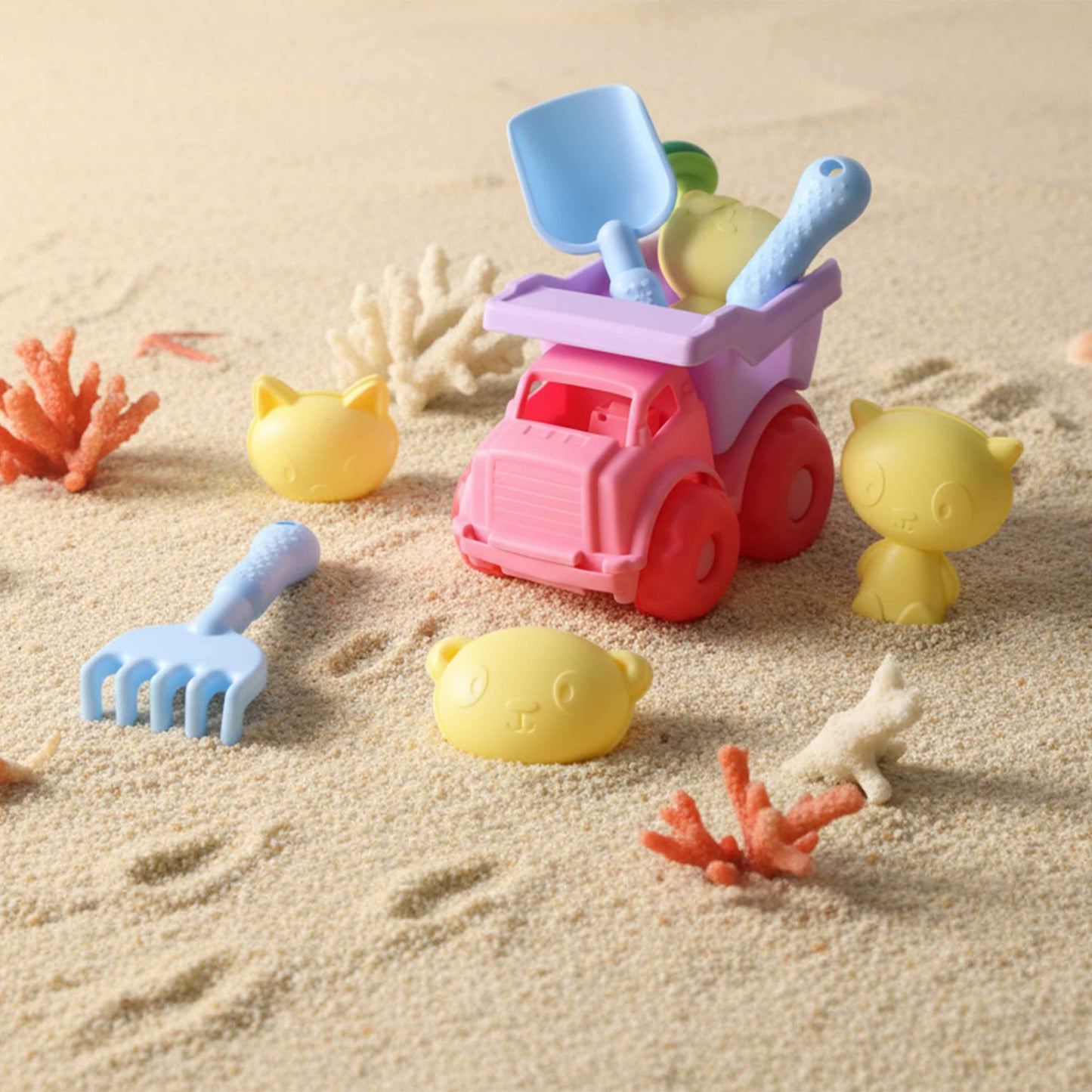 Kids Beach Sand Toy Set – Mini Dump Truck + Watering Can, Shovel, Rake & Turtle Molds