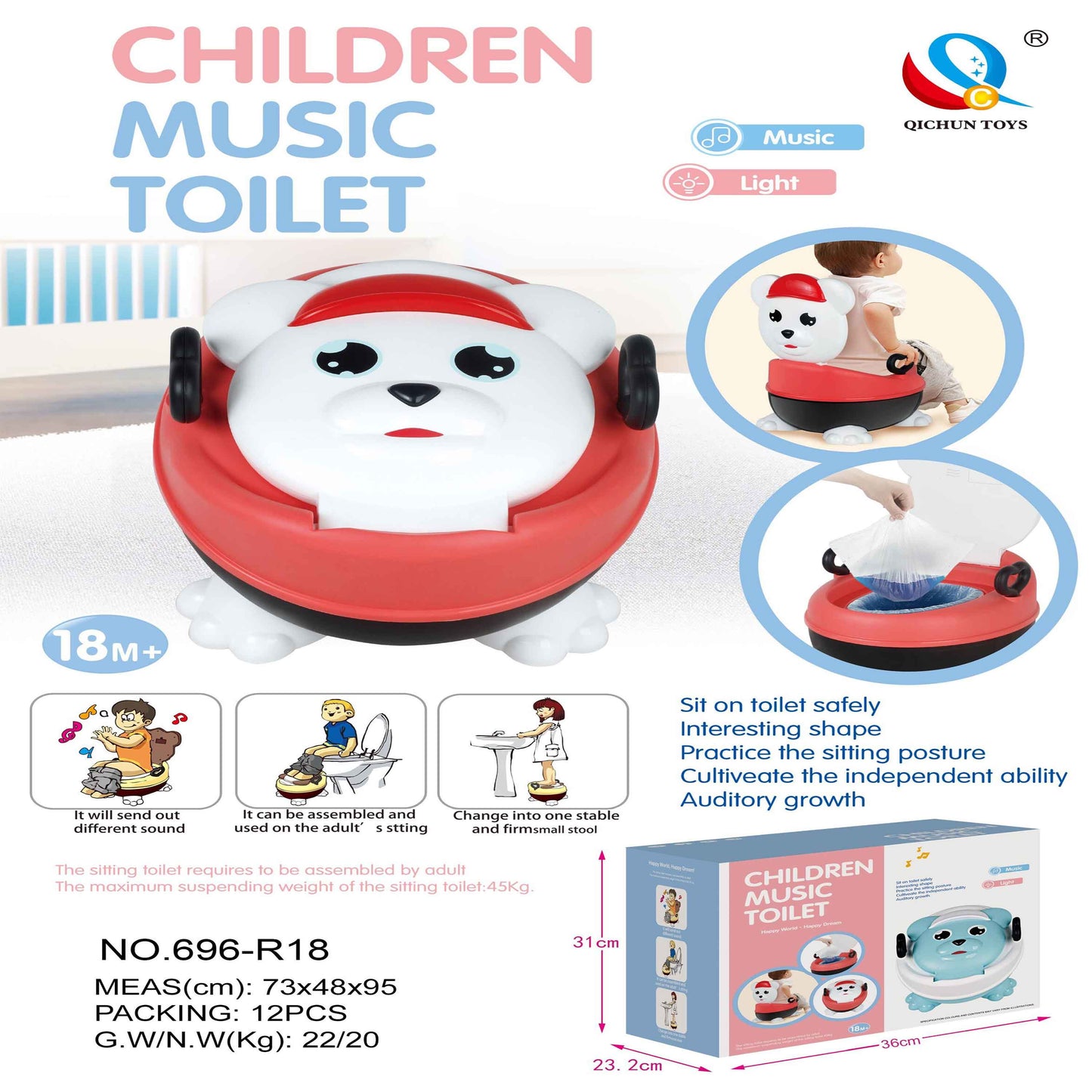 Children Music Toilet Potty Training Chair (Red/White Bear) – Light & Sound, Removable Bowl, 18M+, Max 45kg