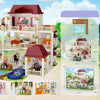 Toy house with various rooms and furniture, including a pool and balcony.