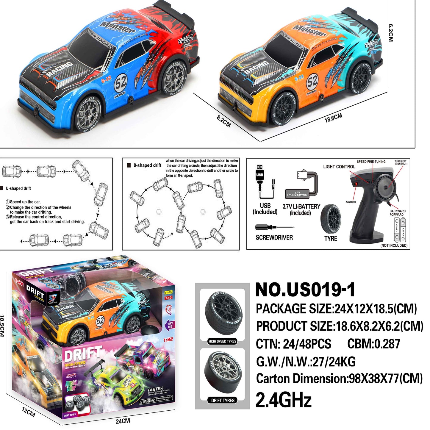 1:22 RC Drift Car 4WD 2.4GHz with LED Lights – USB Rechargeable (Blue/Red or Orange/Teal)