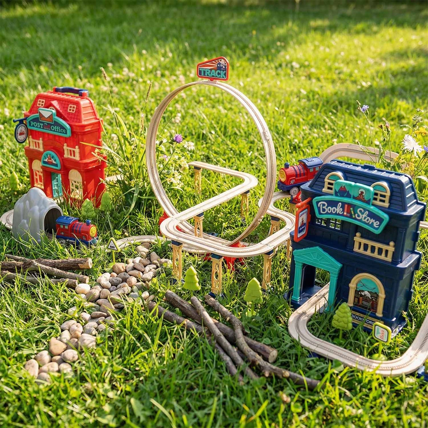 Children train track toy with buildings bridges and loops