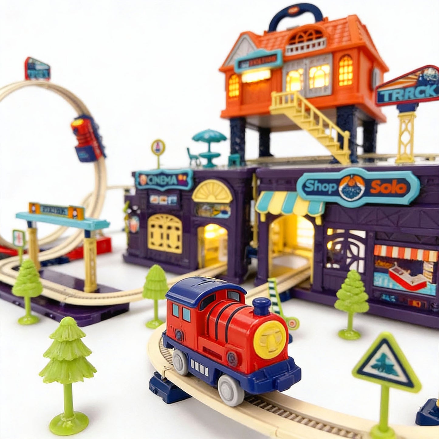 Children playing with Track City train playset