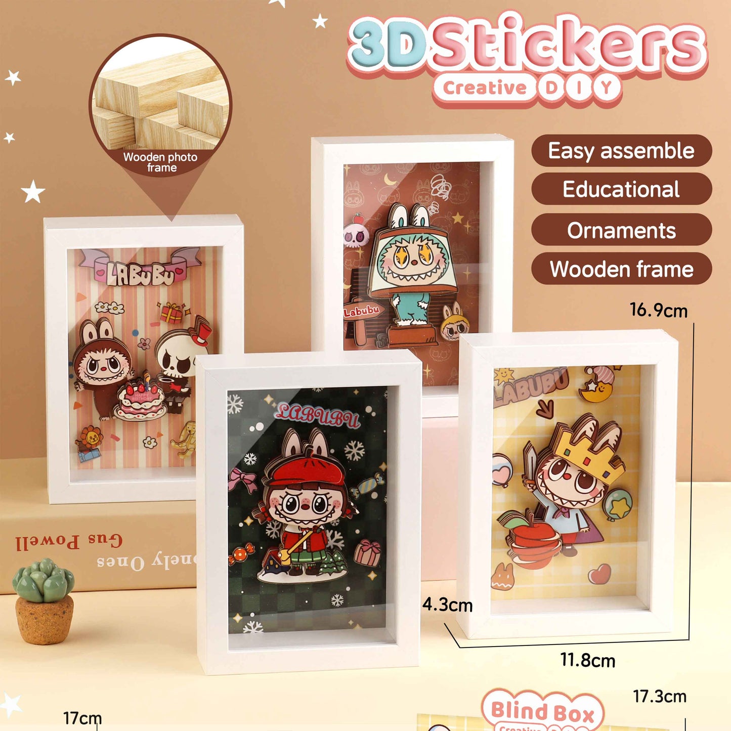 LABUBU 3D Stickers Stereoscopic Painting – Wooden Frame