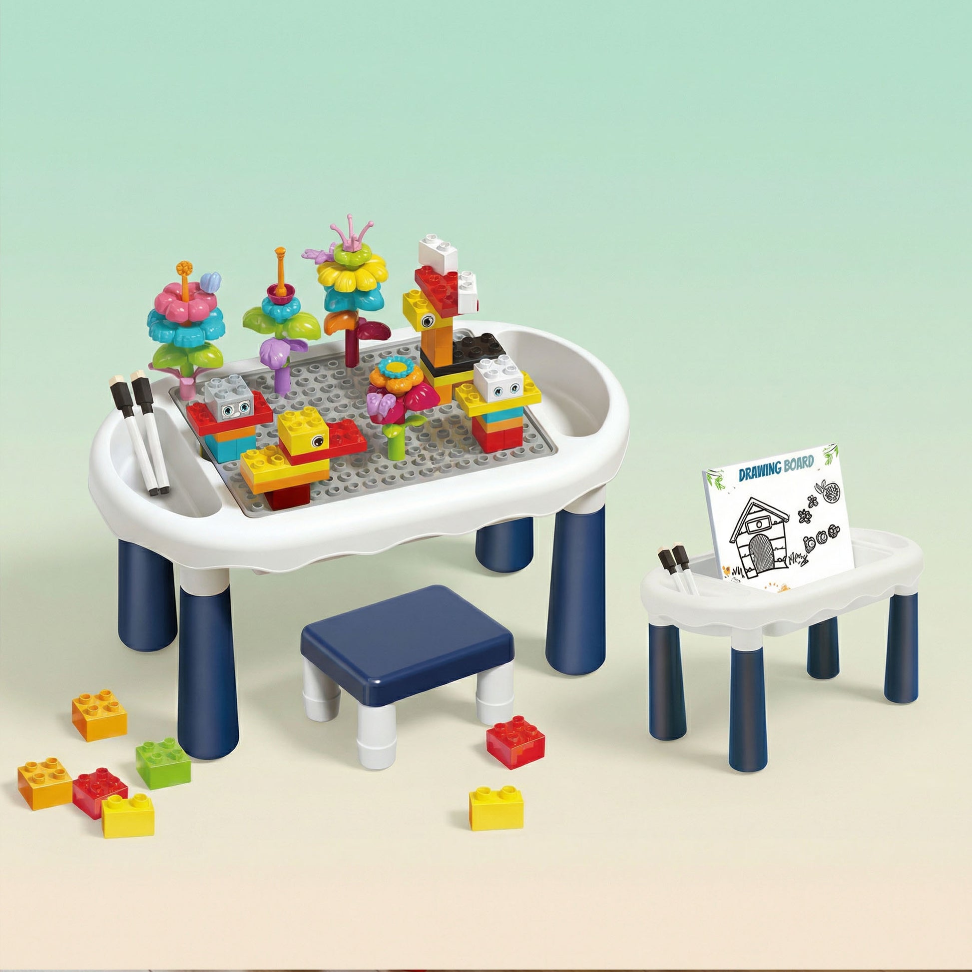 Kids multi functional block table with stool and drawing board educational toy