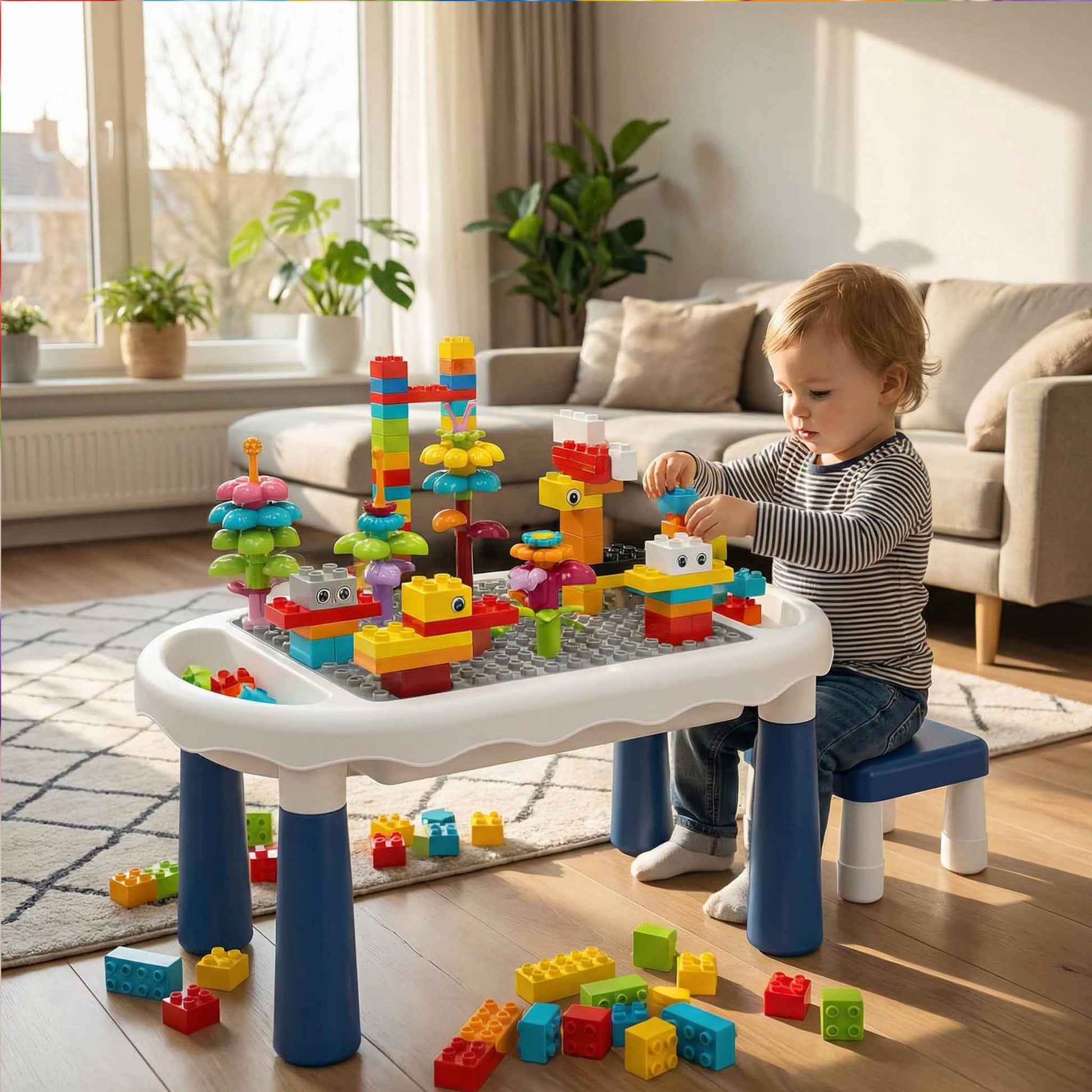 6 in 1 building blocks activity table with tray edges and colorful blocks included
