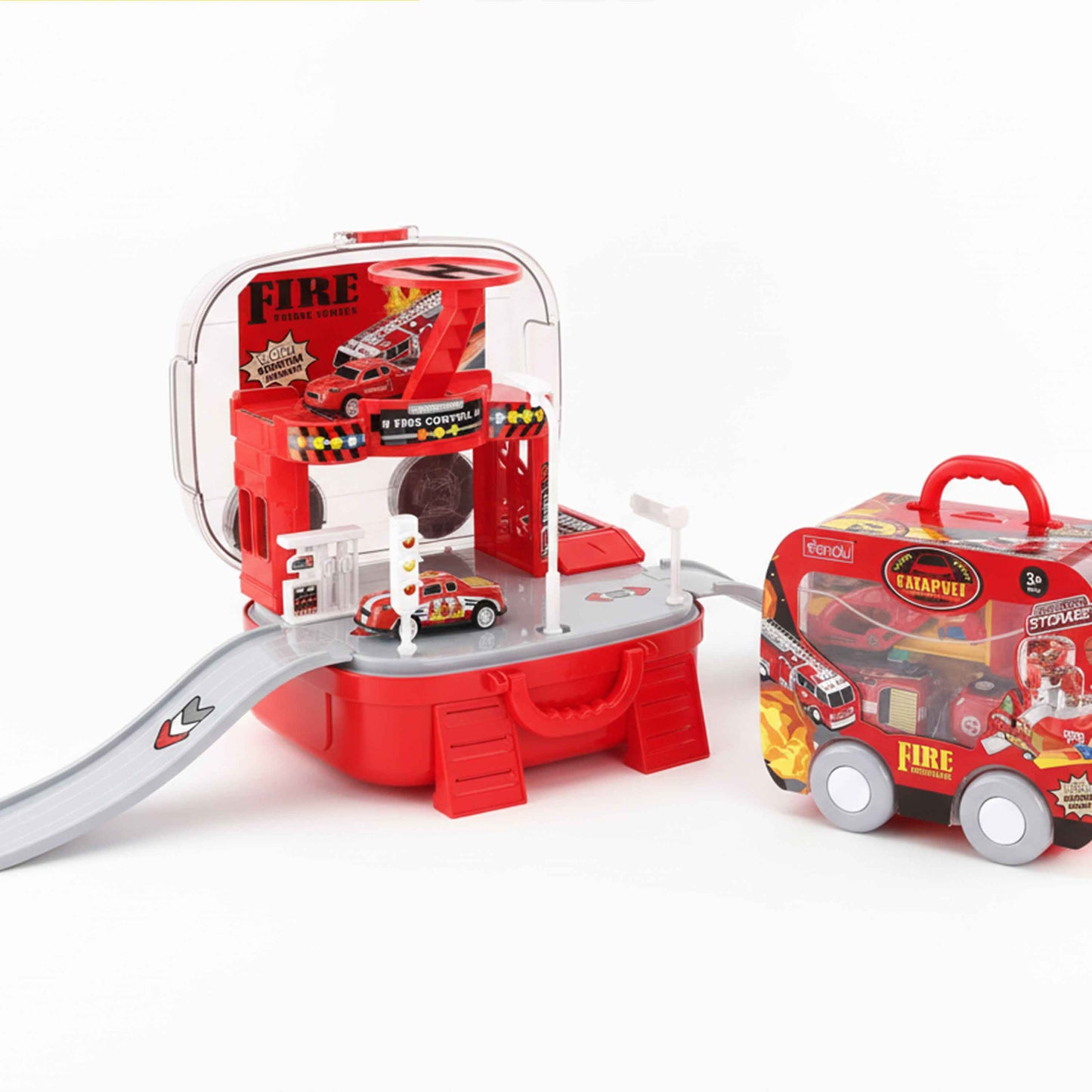 Fire Station Carry Case Playset with Cars & Helicopter (Catapult Launcher)