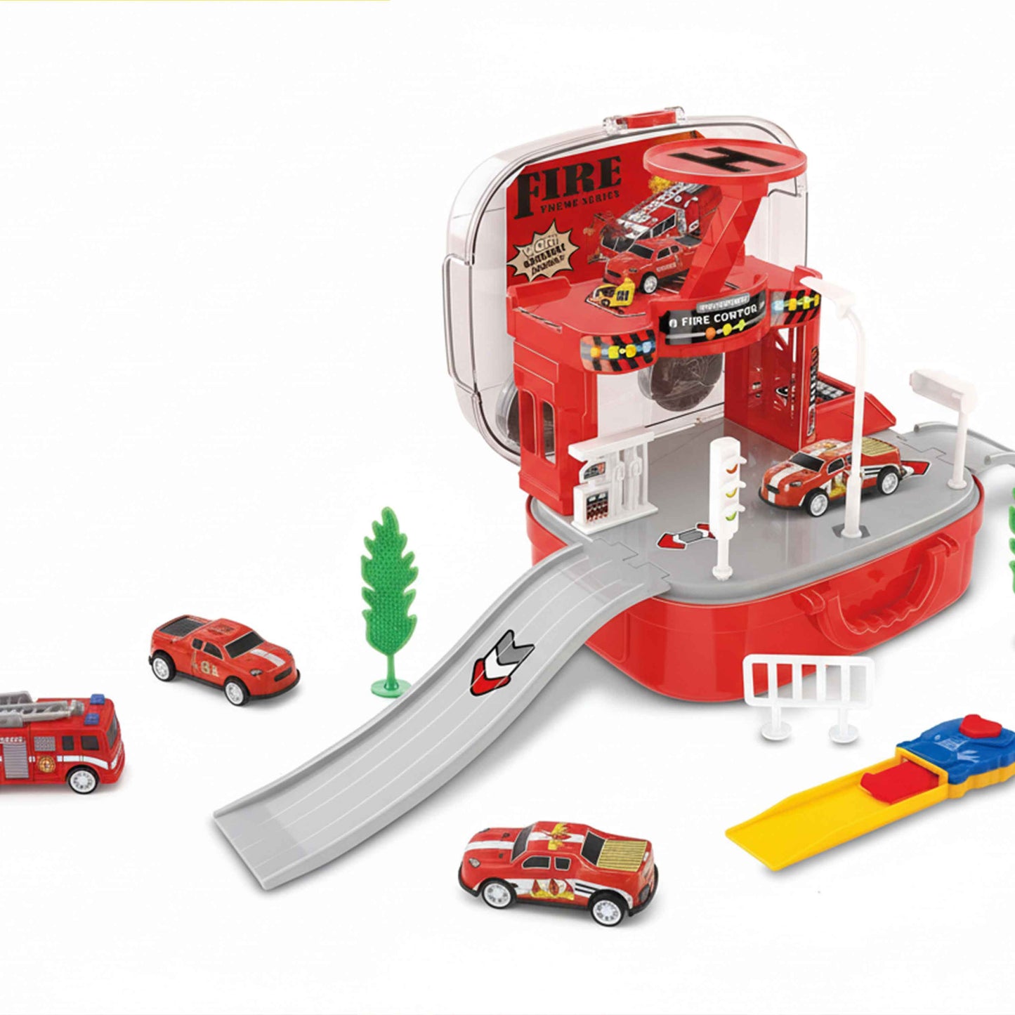 Fire Station Carry Case Playset with Cars & Helicopter (Catapult Launcher)