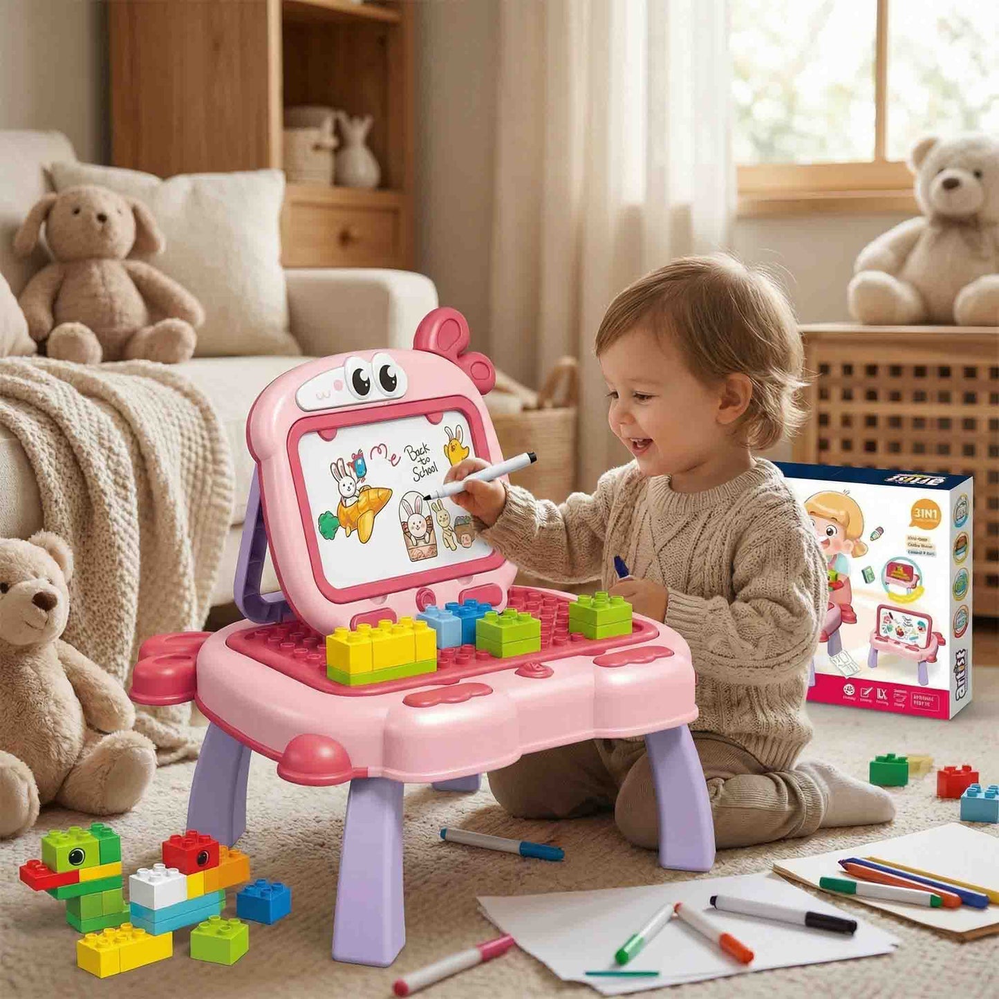 Kids activity table with drawing function and building blocks play