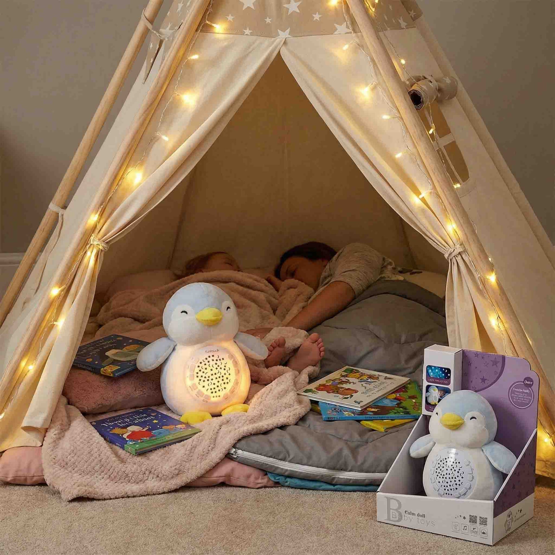 baby plush penguin calm doll night light projector with soothing music