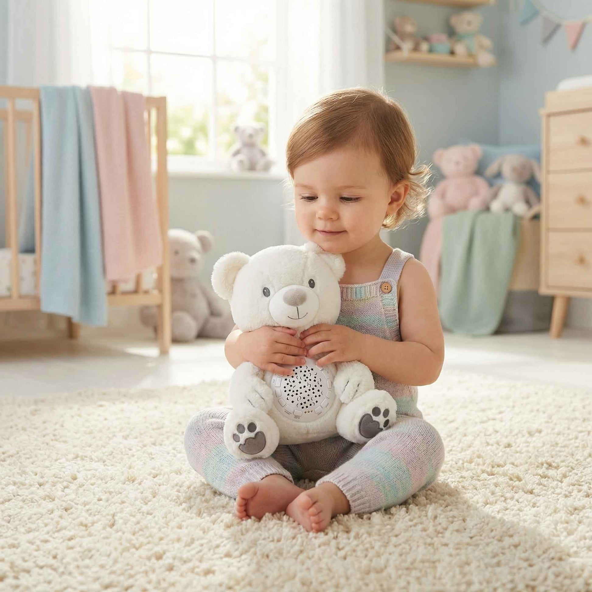 soft cuddly teddy bear star projector toy for nursery bedtime routine
