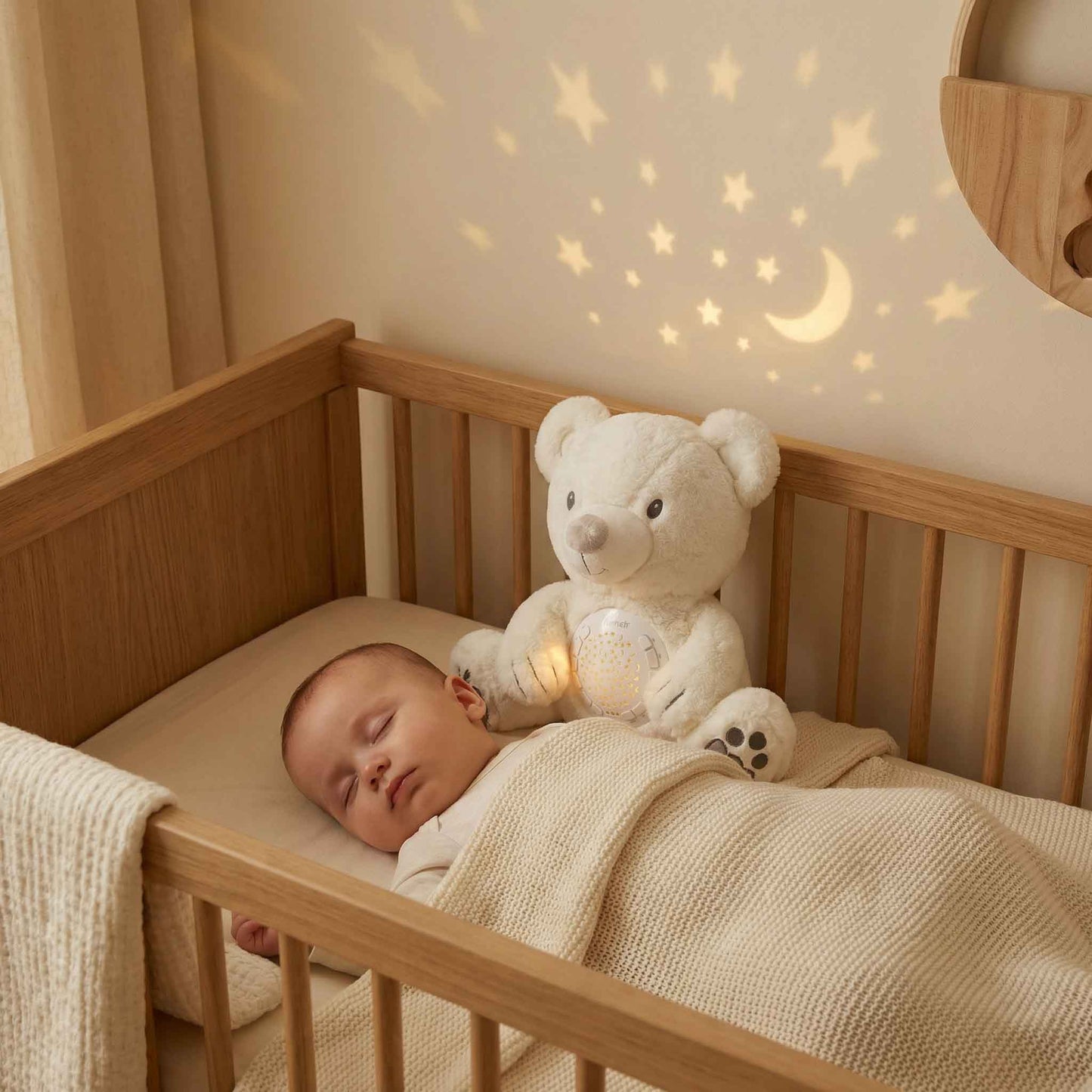 Baby White Teddy Bear Night Light Projector – Plush Calm Doll Sleep Soother with Music