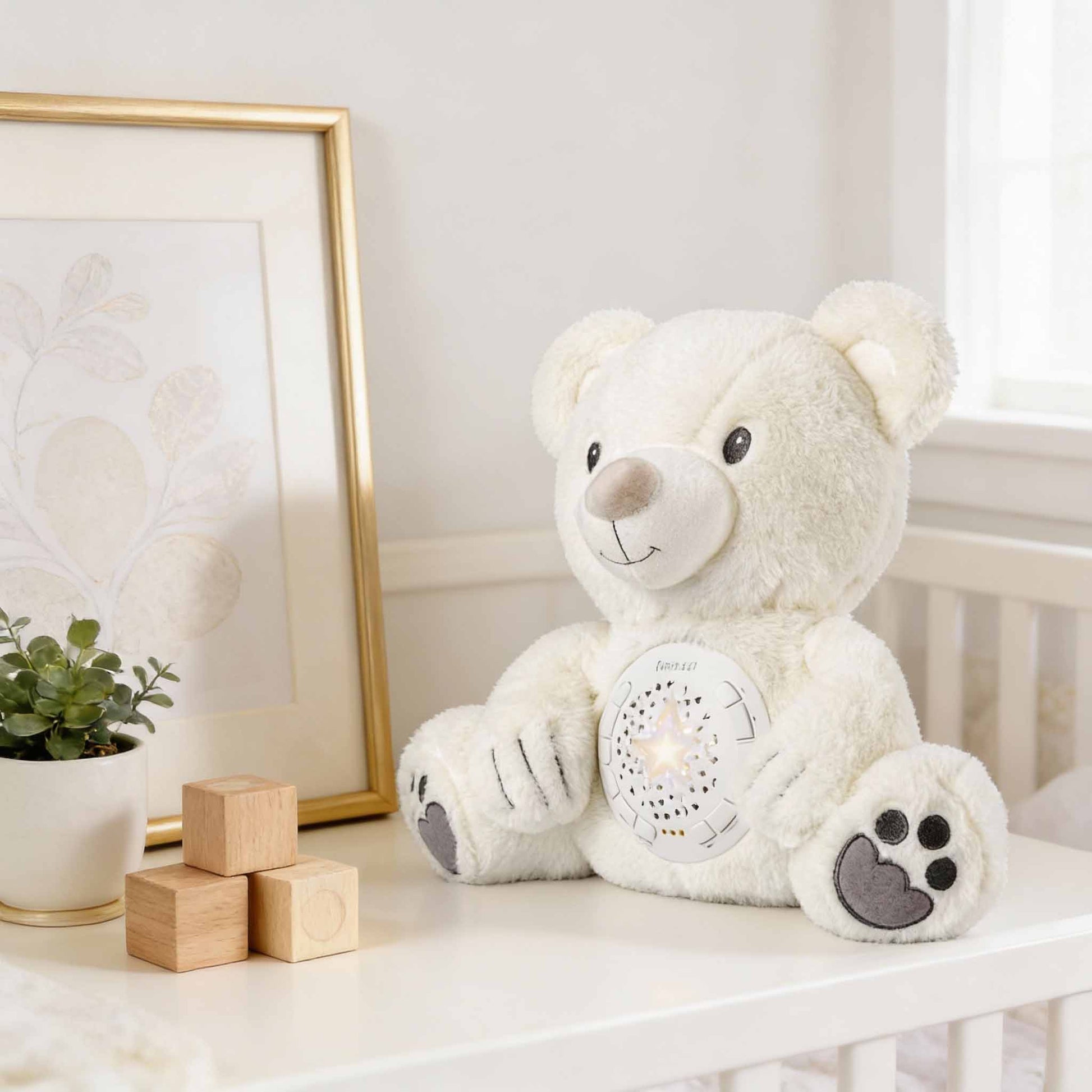 baby white teddy bear calm doll night light projector with music