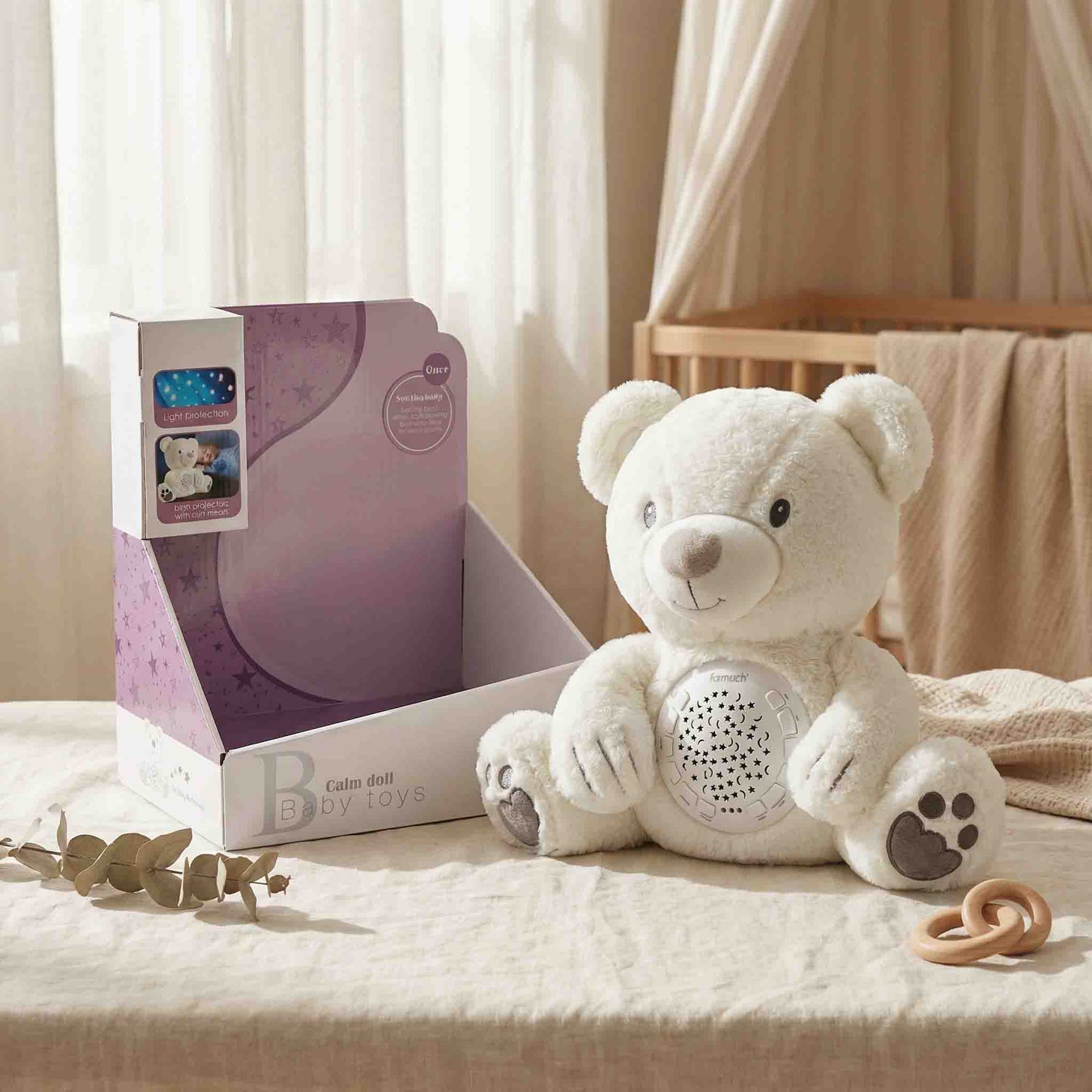 Baby White Teddy Bear Night Light Projector – Plush Calm Doll Sleep Soother with Music