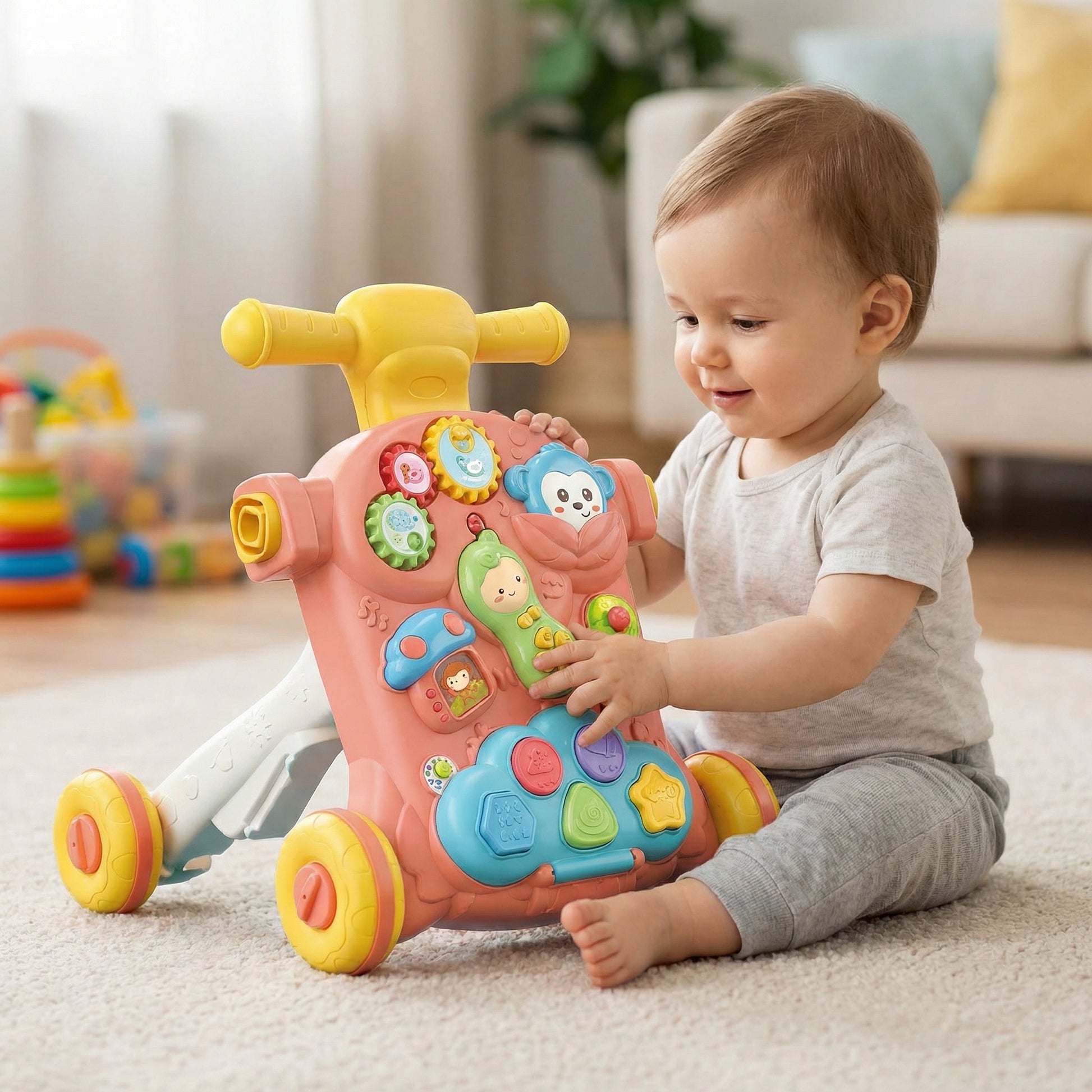 Interactive baby walker toy with puzzle game and music phone function