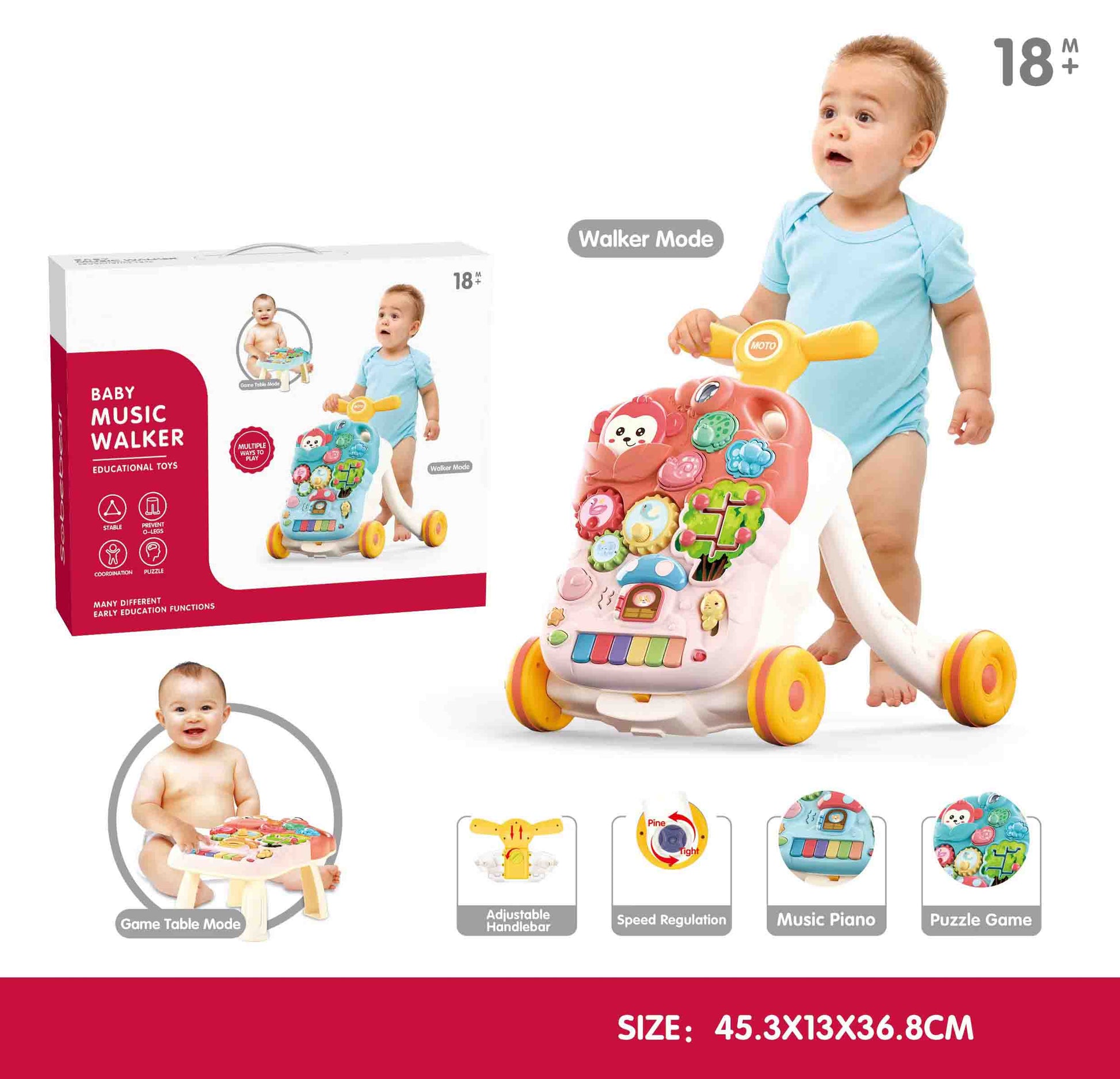 Baby music walker 2 in 1 push walker activity table for toddlers 18 months+

Toddler push walker with piano music keys and puzzle learning games

Educational baby walker toy with adjustable handlebar and speed regulation

Baby walker mode with stable wheels for first steps toddler learning

Game table mode baby activity walker with music piano and interactive toys

Early education music walker for toddlers 18M+ safe support design
