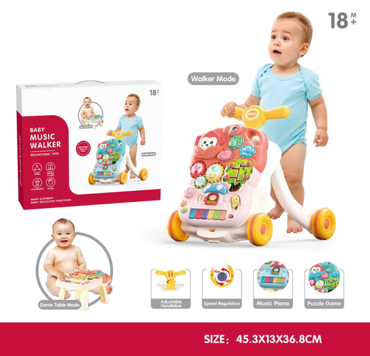 Baby music walker 2 in 1 push walker activity table for toddlers 18 months+

Toddler push walker with piano music keys and puzzle learning games

Educational baby walker toy with adjustable handlebar and speed regulation

Baby walker mode with stable wheels for first steps toddler learning

Game table mode baby activity walker with music piano and interactive toys

Early education music walker for toddlers 18M+ safe support design