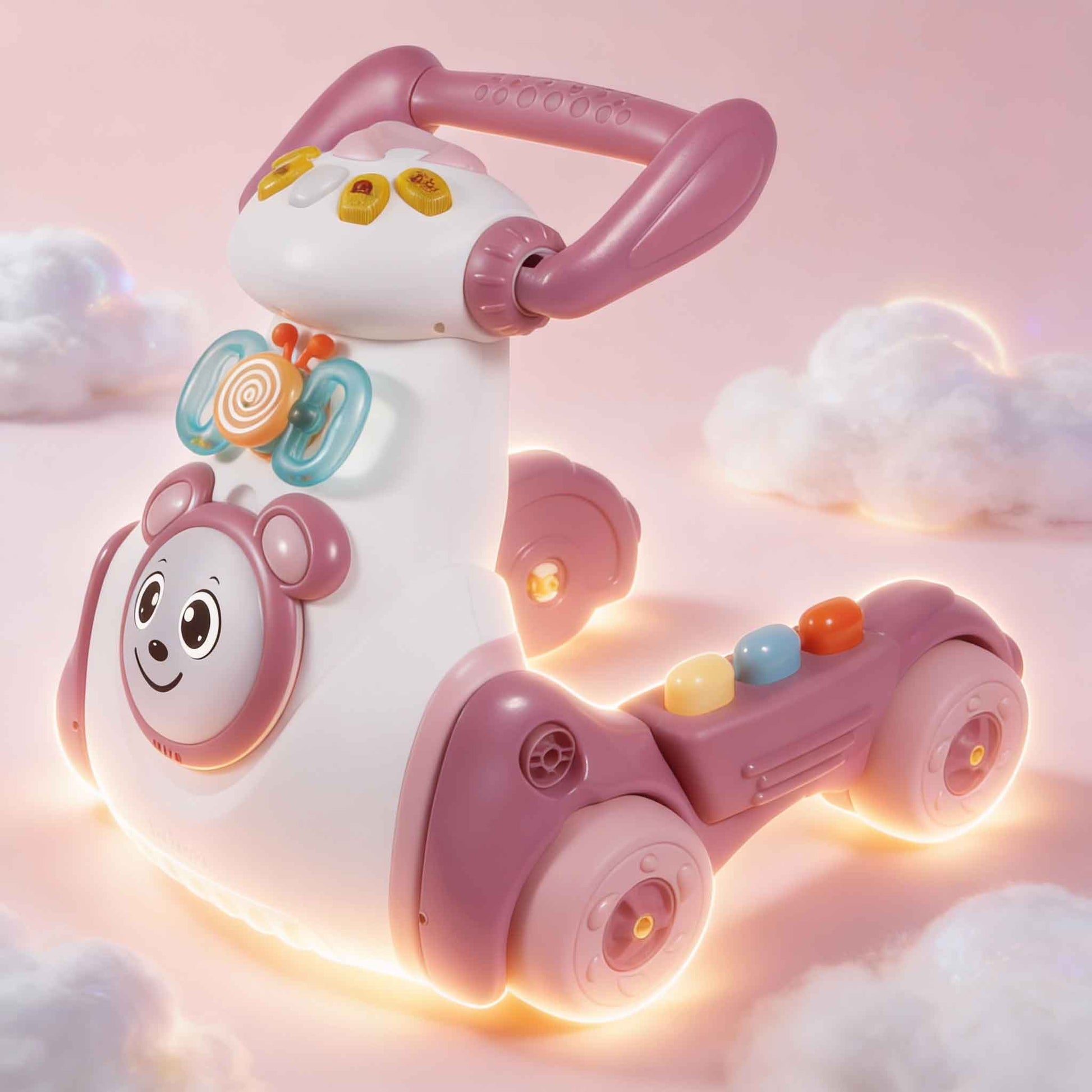 Interactive toddler walking aid with sound buttons stable wheels and ergonomic handle
