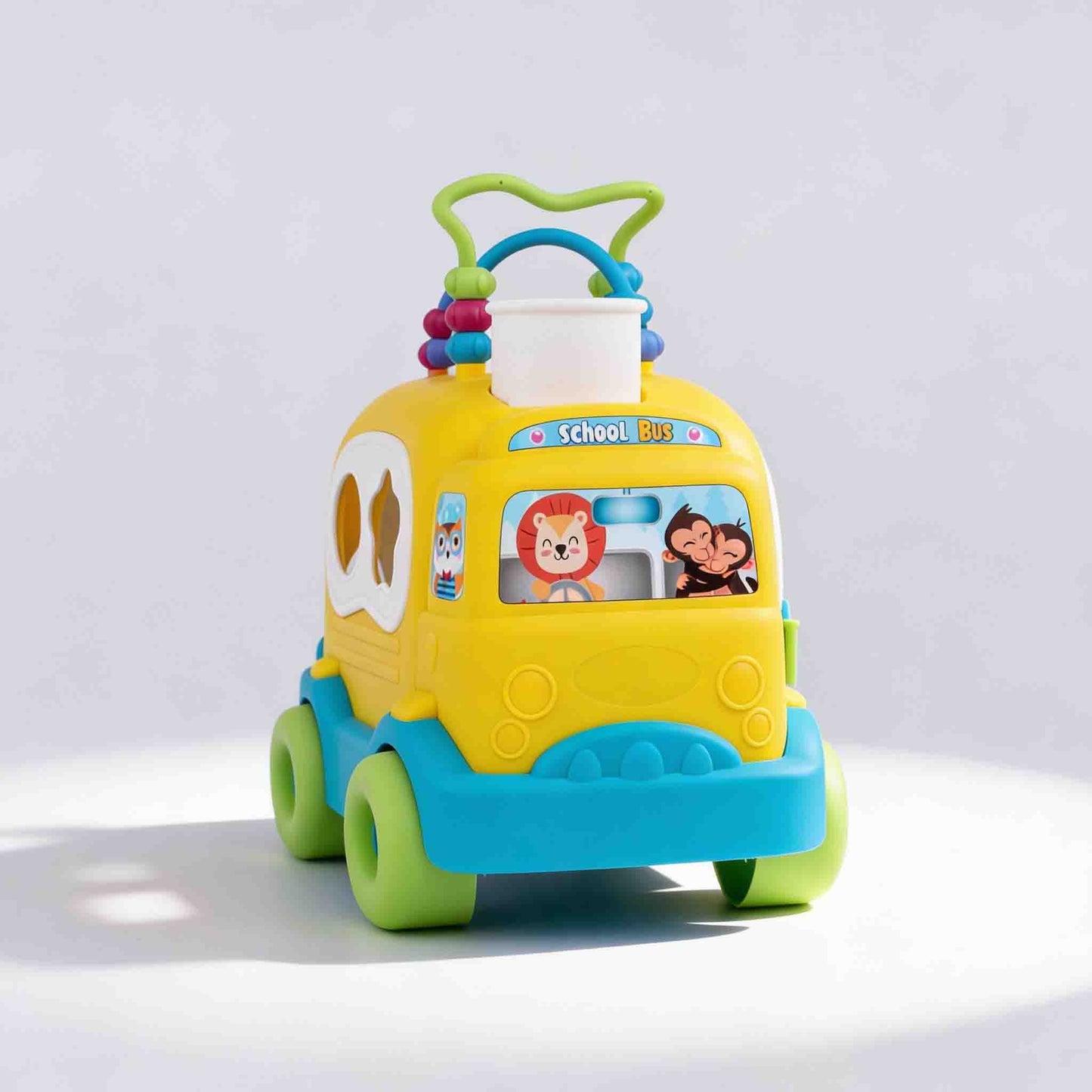 Push and roll baby toy vehicle with cartoon animals and interactive sensory features