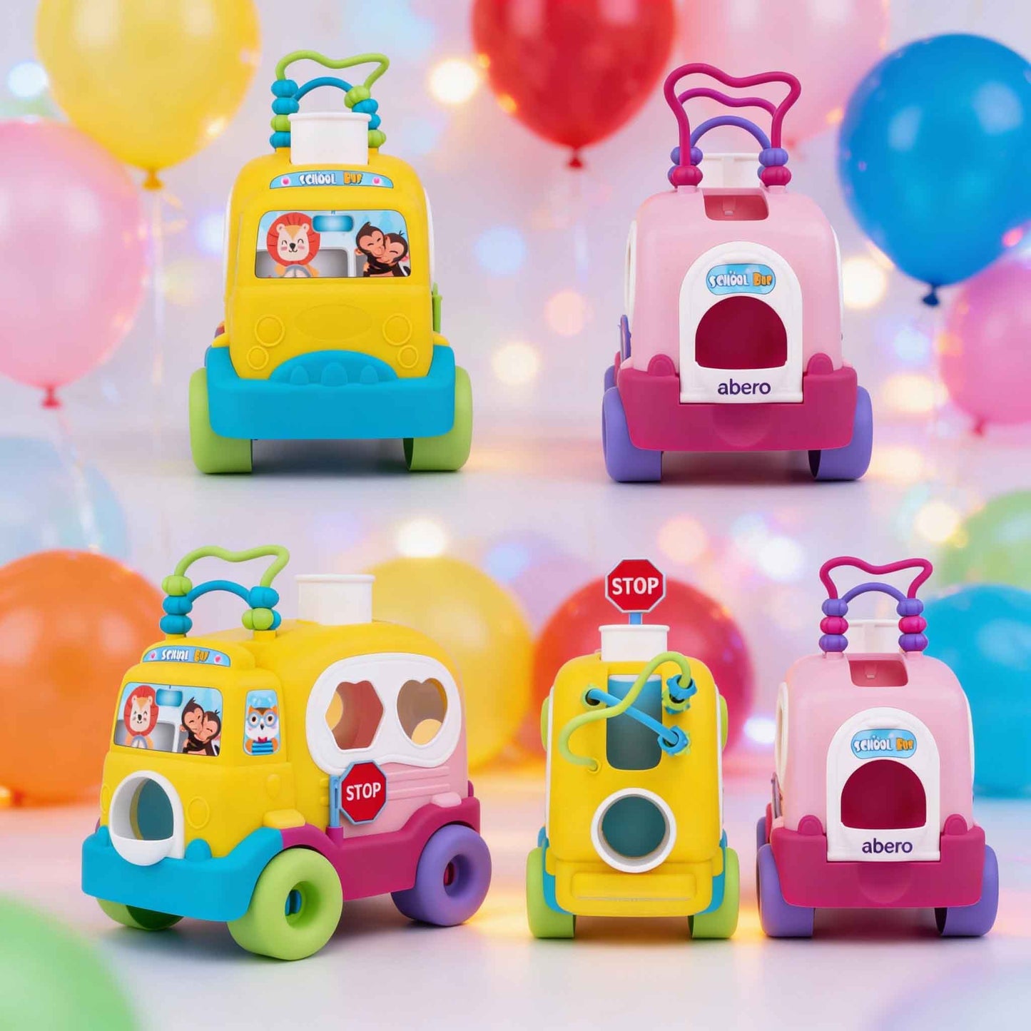 Push and roll baby toy vehicle with cartoon animals and interactive sensory features

Early learning baby toy school bus with smooth wheels and bead maze for motor skill development

Toddler push along activity toy school bus made from baby safe materials