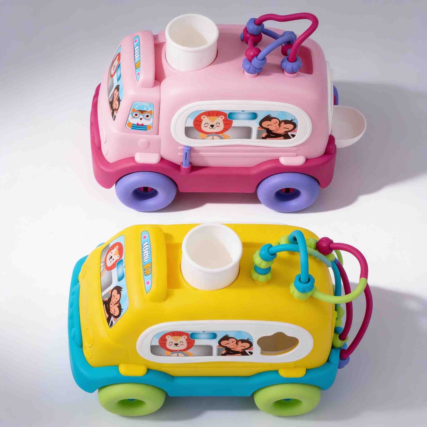 Baby Push-Along Activity Toy School Bus with Rolling Wheels, Bead Maze and Shape Play Features