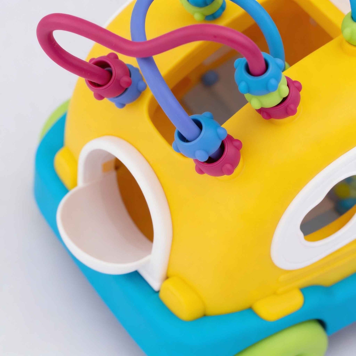 Baby Push-Along Activity Toy School Bus with Rolling Wheels, Bead Maze and Shape Play Features