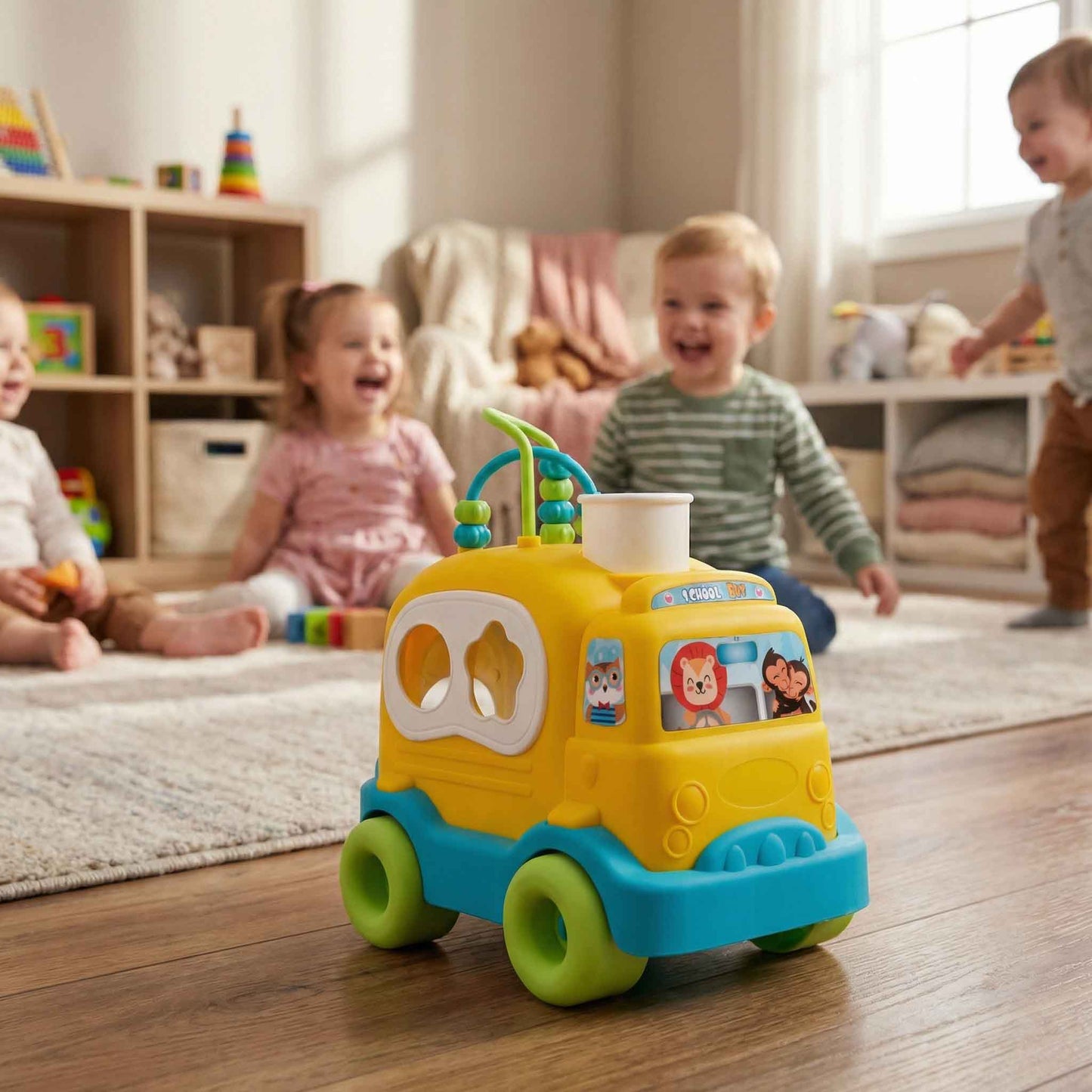 Baby Push-Along Activity Toy School Bus with Rolling Wheels, Bead Maze and Shape Play Features