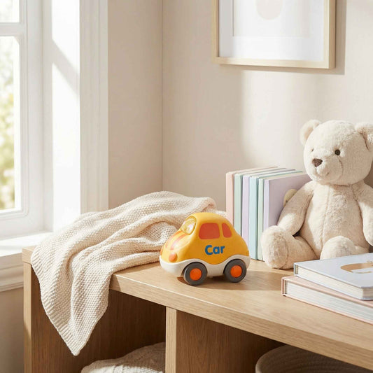 Wheat straw bioplastic toddler toy car with smooth rolling wheels and safe rounded edges