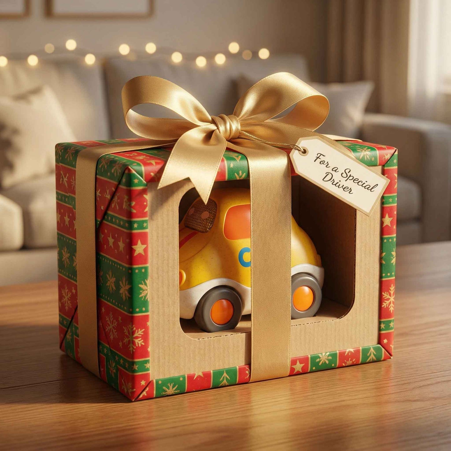Cute yellow bioplastic toy car for toddlers 18M+ with recyclable box