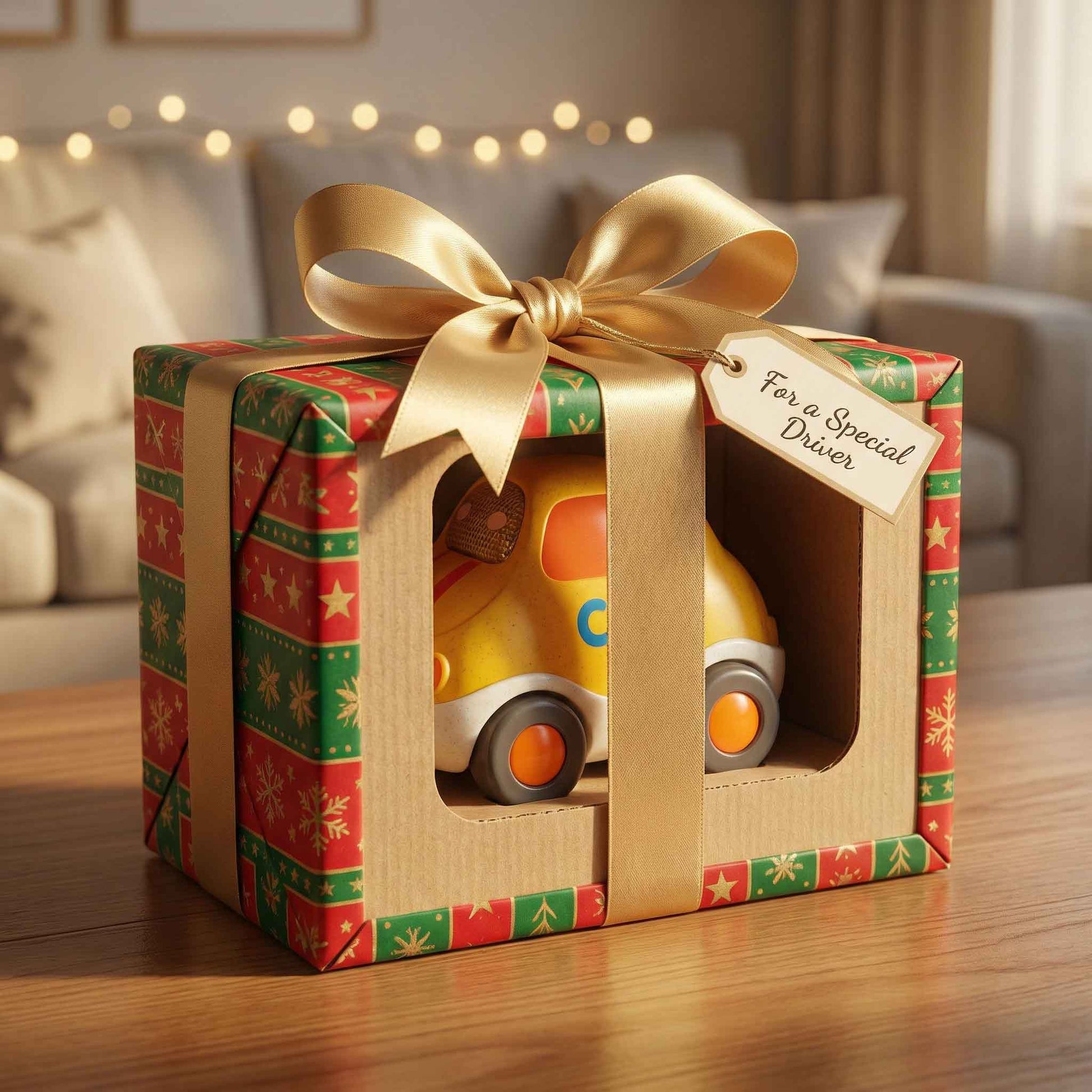 Cute yellow bioplastic toy car for toddlers 18M+ with recyclable box