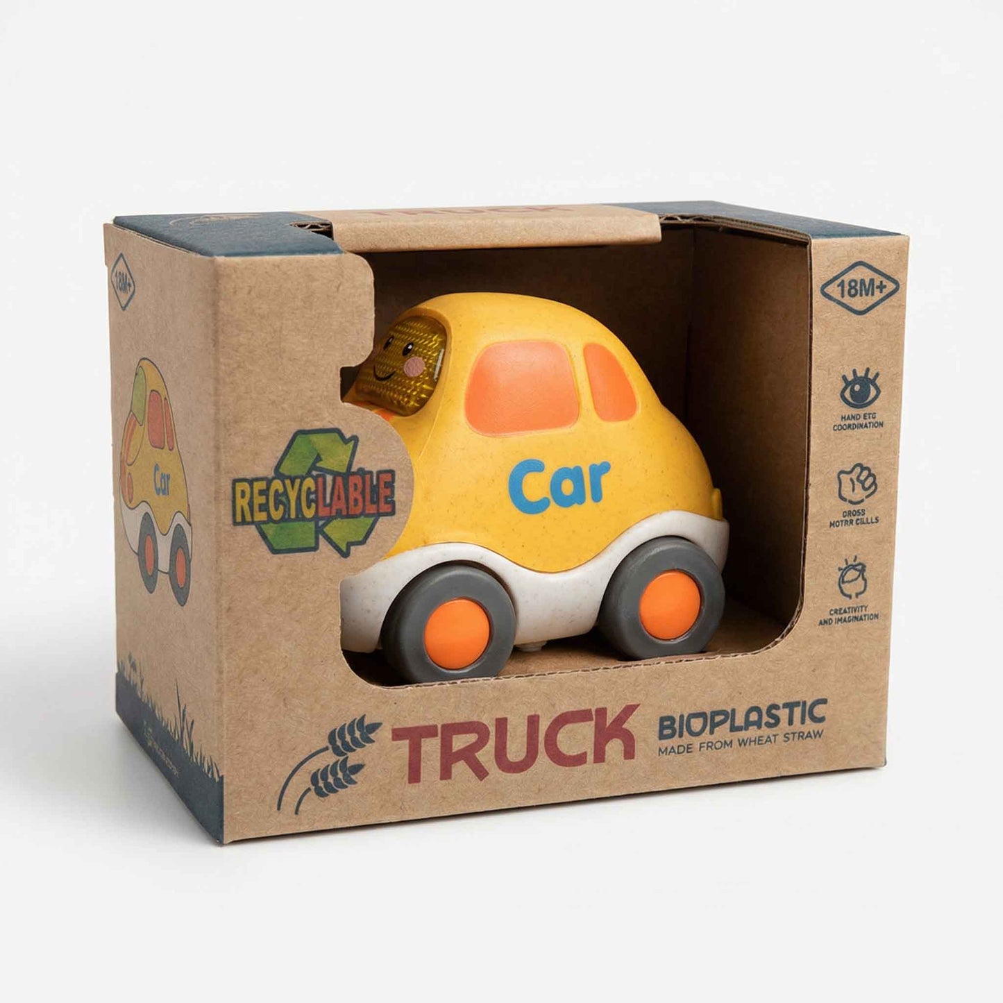 Eco friendly bioplastic mini push car toy with recyclable packaging for toddlers 18 months+