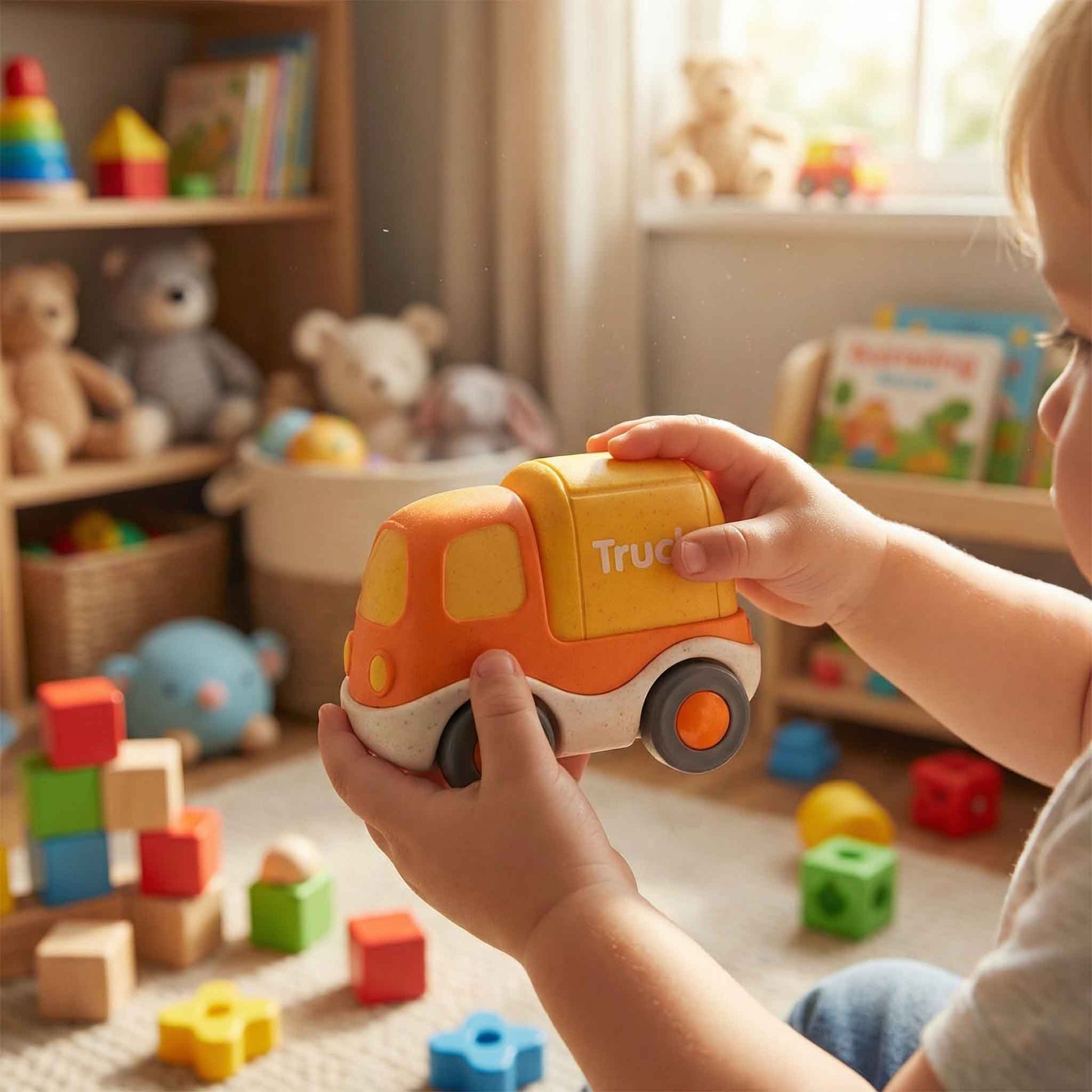 Eco friendly bioplastic mini push truck toy for toddlers with recyclable packaging