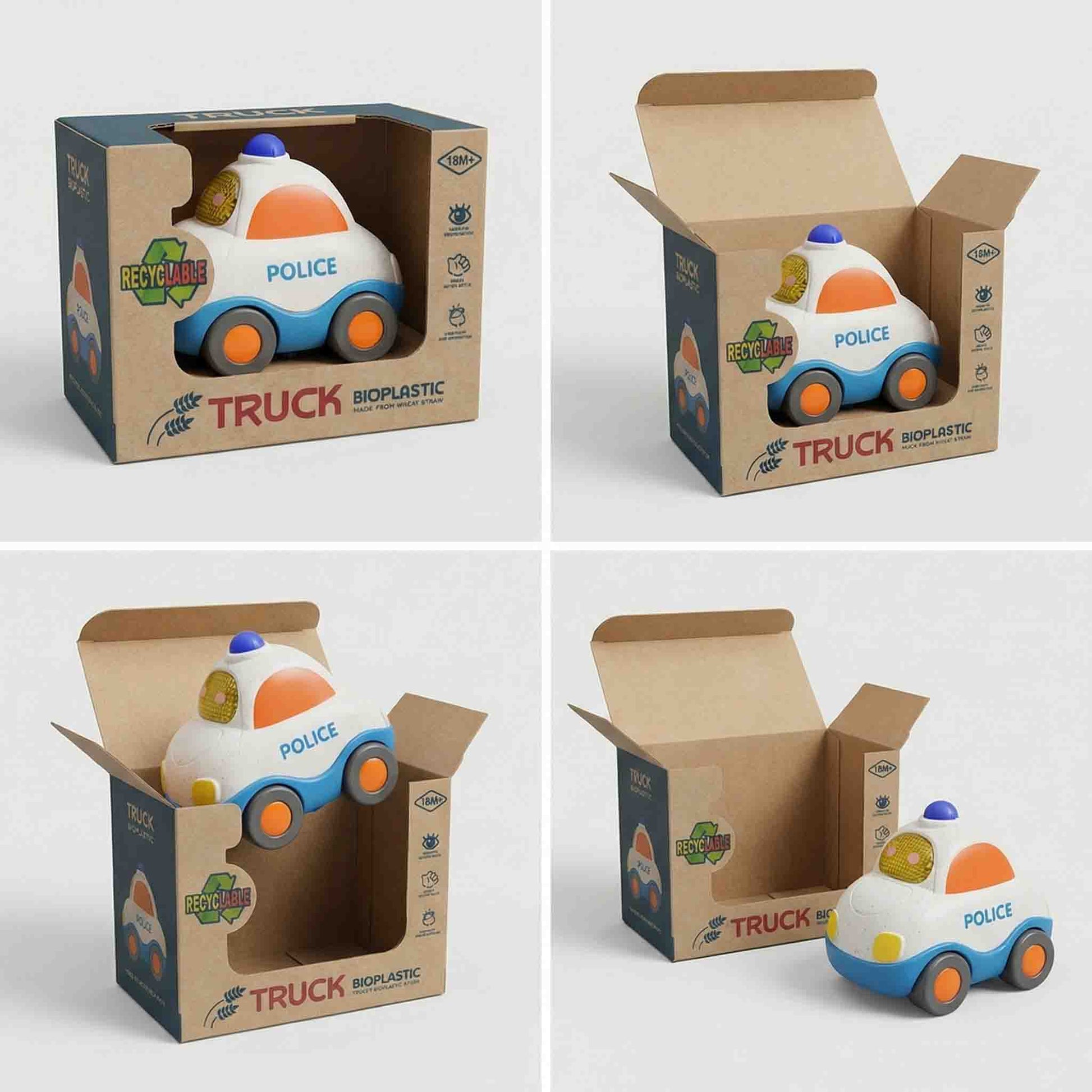 Eco friendly toddler police car toy with recyclable packaging box 18 months+