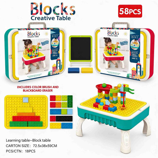 Blocks creative table learning table with drawing board and blocks 58pcs

Kids building block table with vertical block wall function ages 3+

Toddler learning activity table with drawing board and blocks included

Preschool educational table set with building blocks and drawing surface

Kids creative play table with blocks and brush eraser accessories