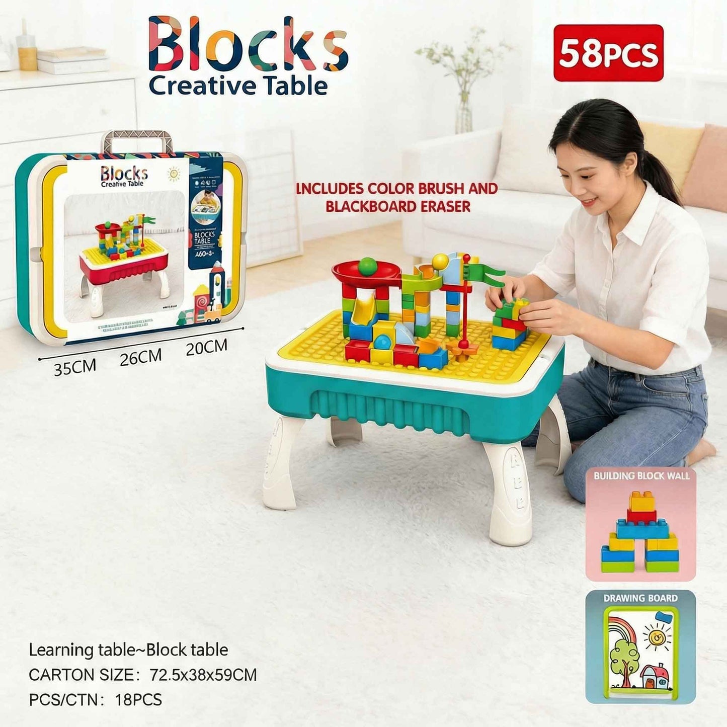 Preschool educational table set with building blocks and drawing surface