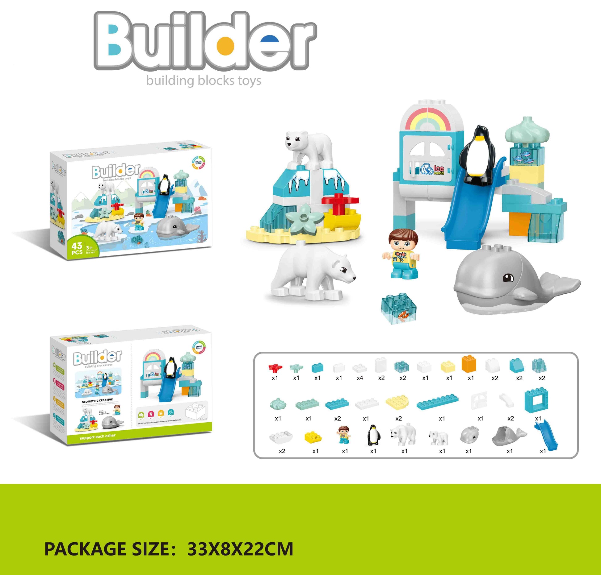 Builder Arctic ice world building blocks set 43pcs for kids 3+

Polar animals building blocks toy with penguin polar bear and whale
JSZRL

Arctic themed educational STEM building toy for toddlers

Kids building blocks set with ice world slide and animal figures

Toddler polar animal block set for creative learning play