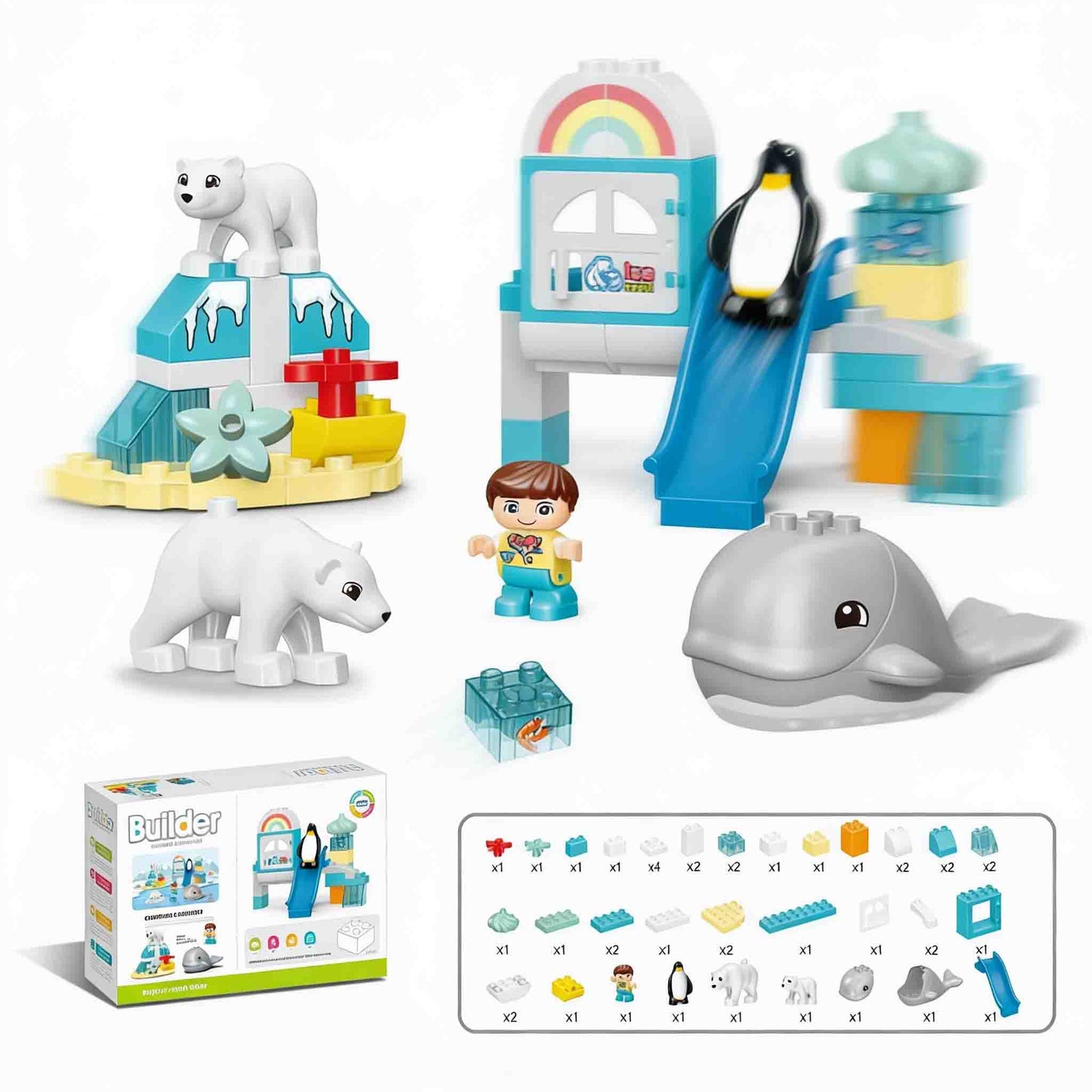 Kids building blocks set with ice world slide and animal figures