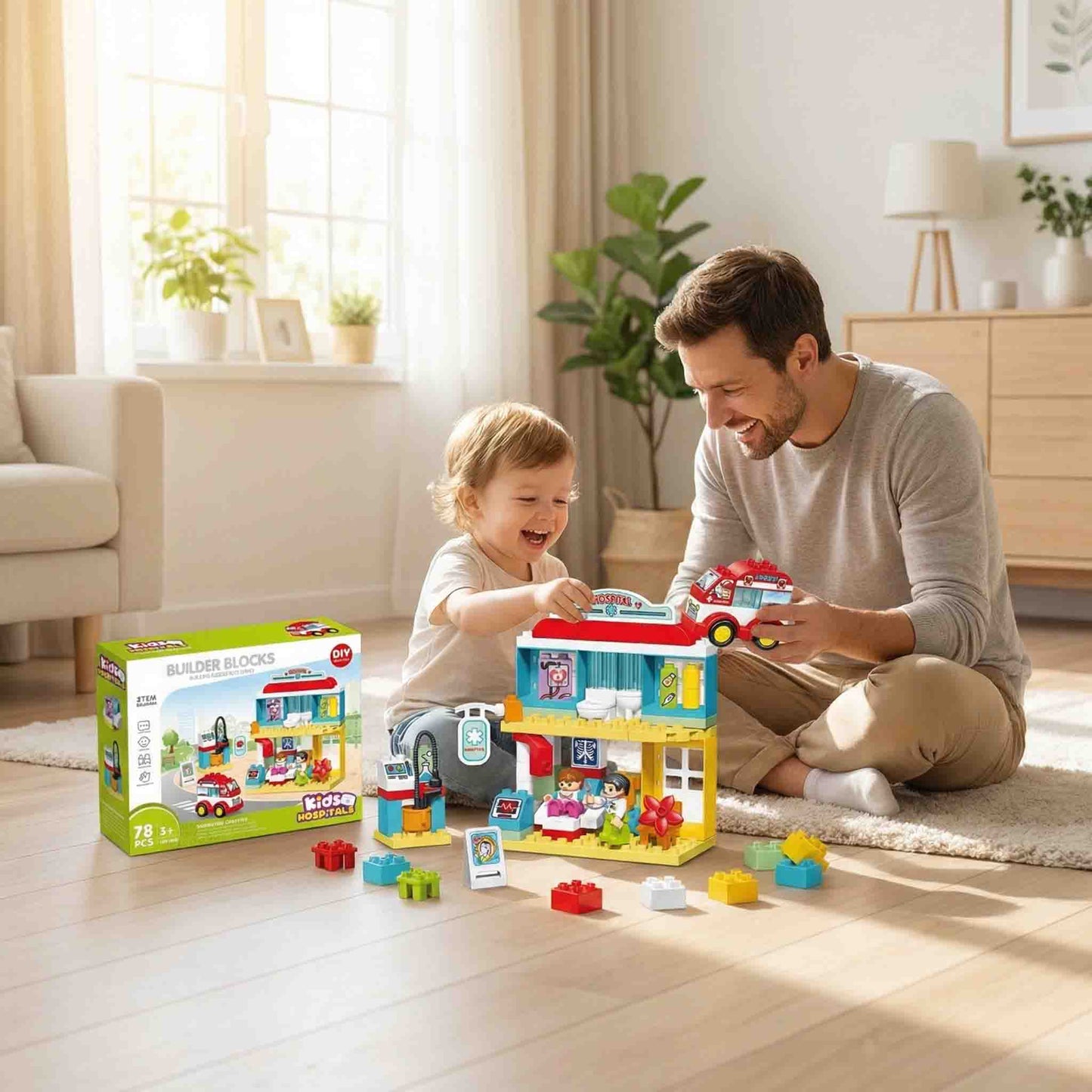 DIY hospital building blocks playset with doctor and patient roleplay