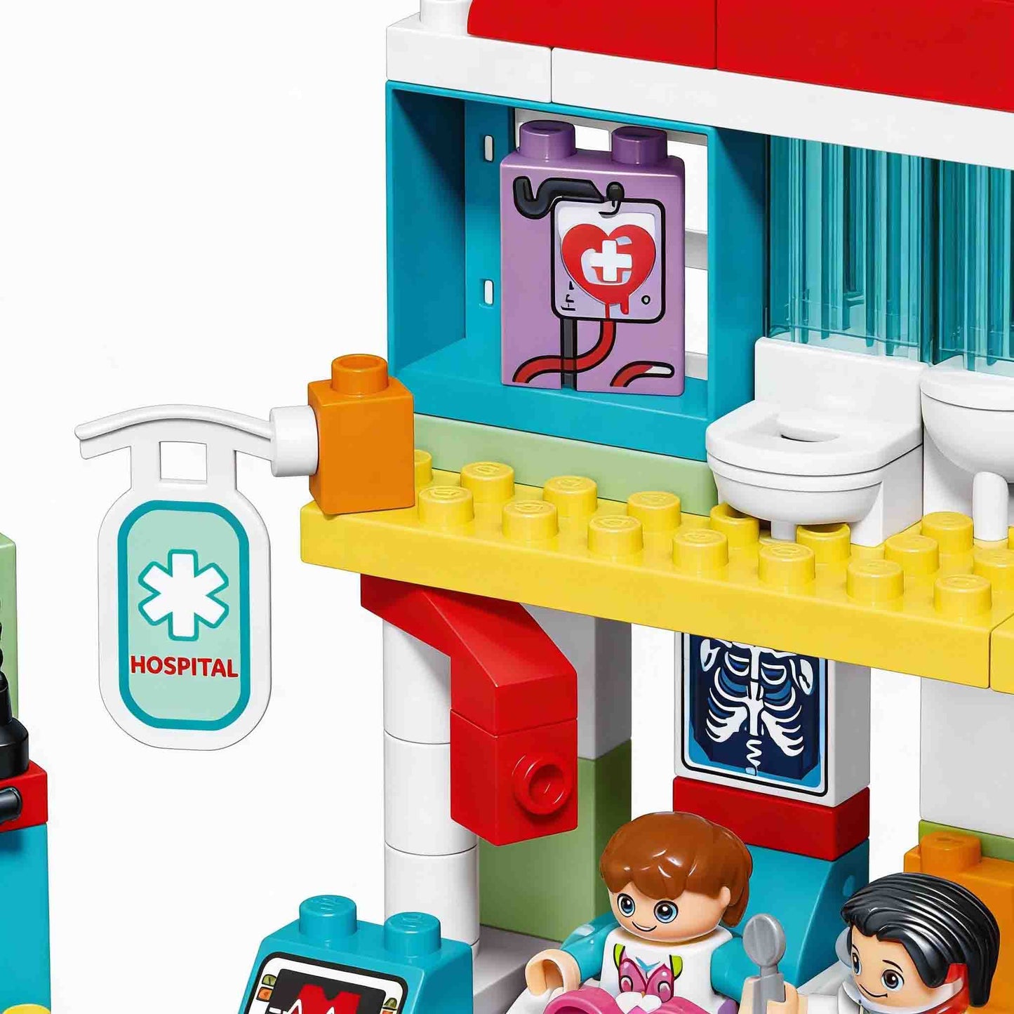Preschool educational blocks set with hospital building and ambulance car