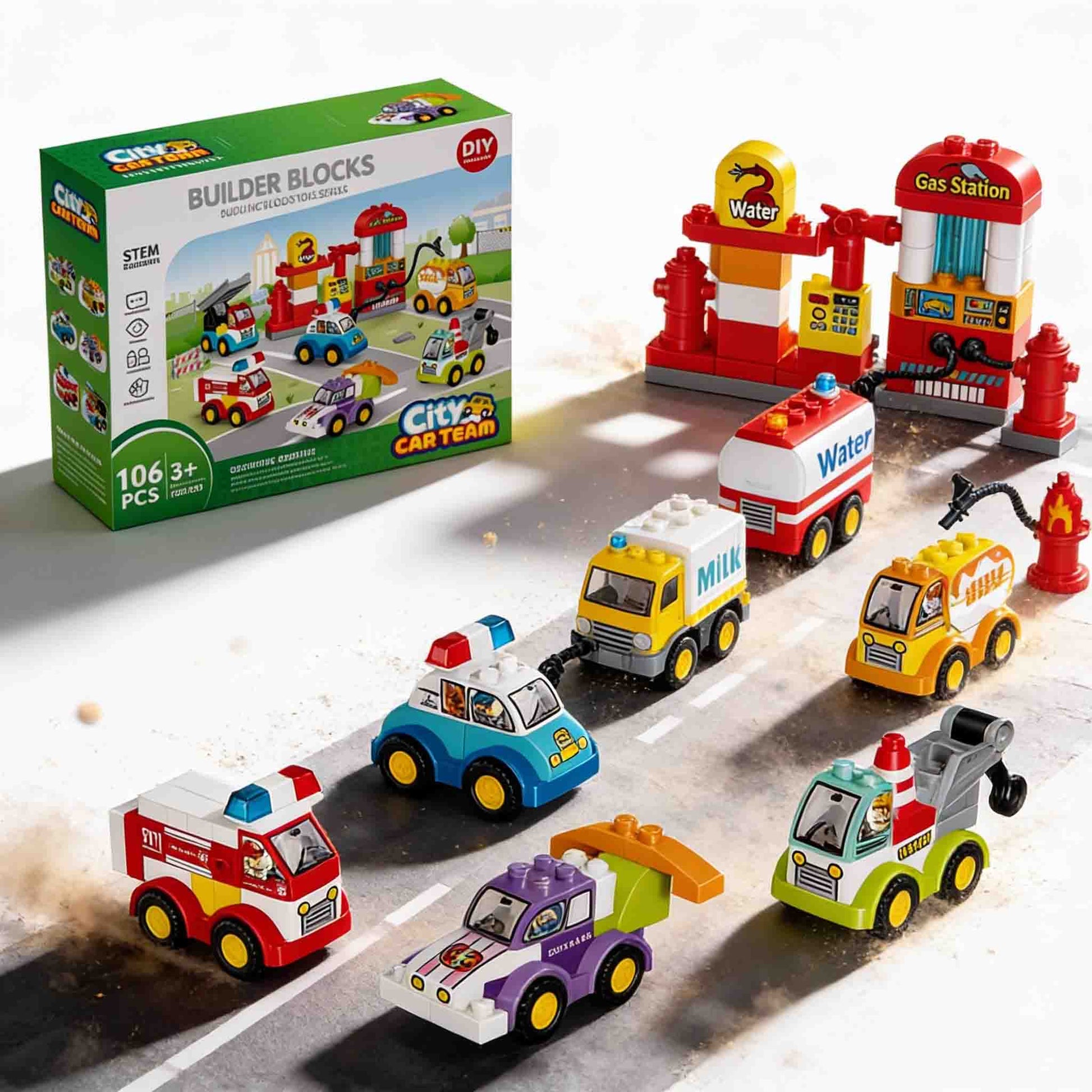 Toddler city car building blocks kit with multiple service vehicles