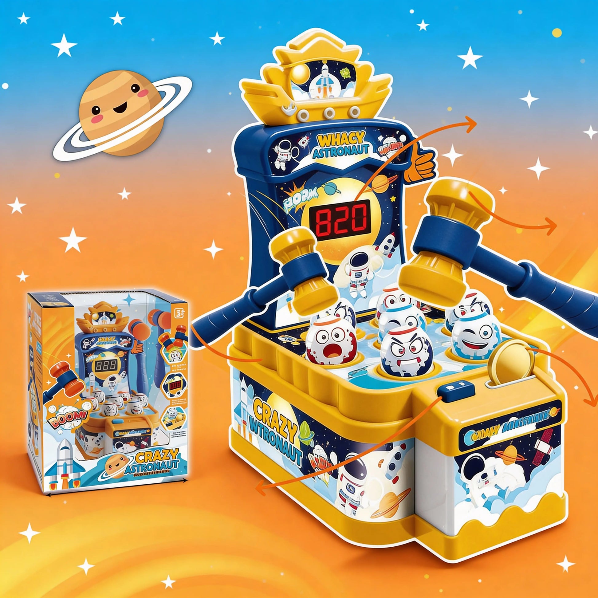 Crazy Astronaut whack game toy for kids
Interactive astronaut hammer game with score display