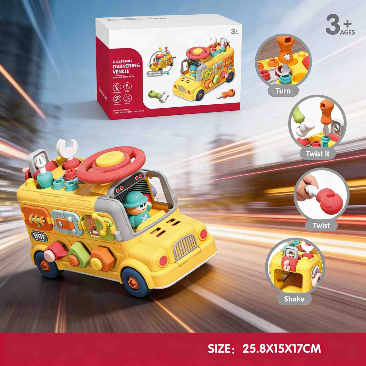 Take apart construction toy bus for toddler learning and pretend play