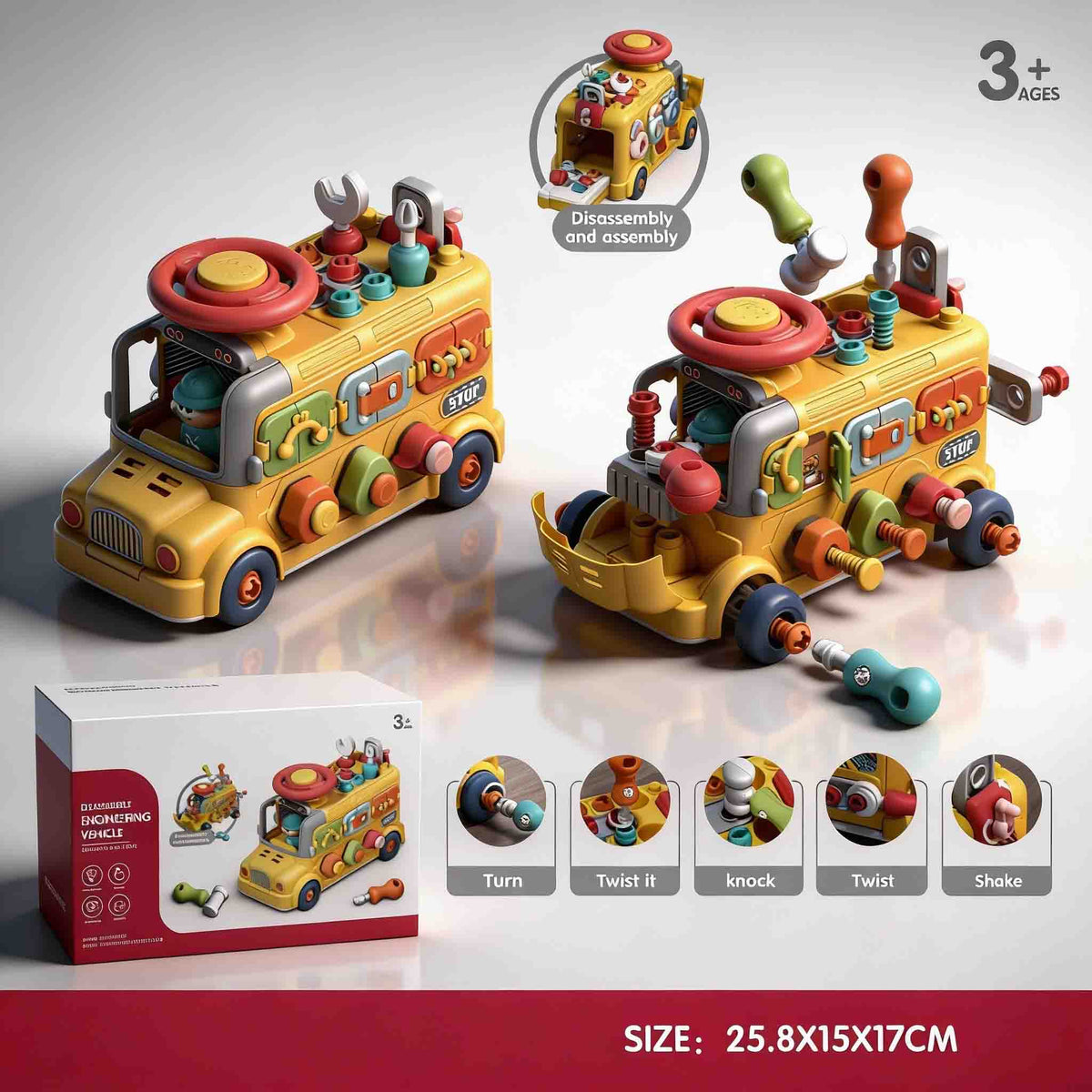 Educational engineering toy bus with screw parts and activity play