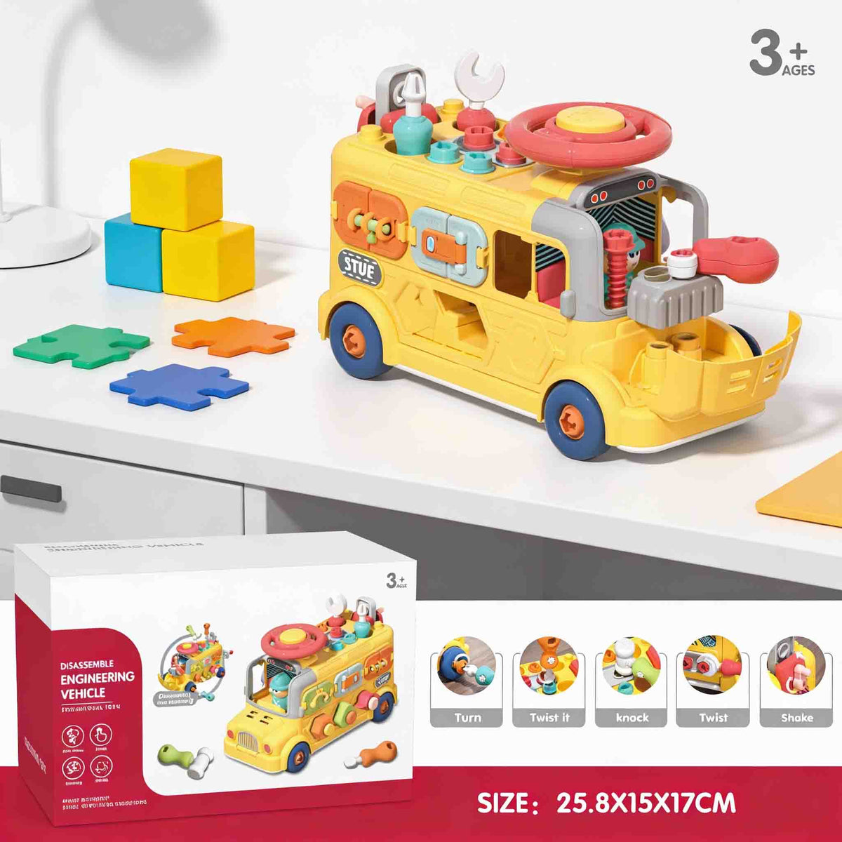 DIY take apart toy bus engineering vehicle for kids 3+

Disassemble and assemble STEM toy bus with tools for toddlers

Montessori busy board vehicle toy with turn twist knock functions

Educational engineering toy bus with screw parts and activity play

Kids DIY disassembly toy vehicle improving motor skills and focus

Take apart construction toy bus for toddler learning and pretend play