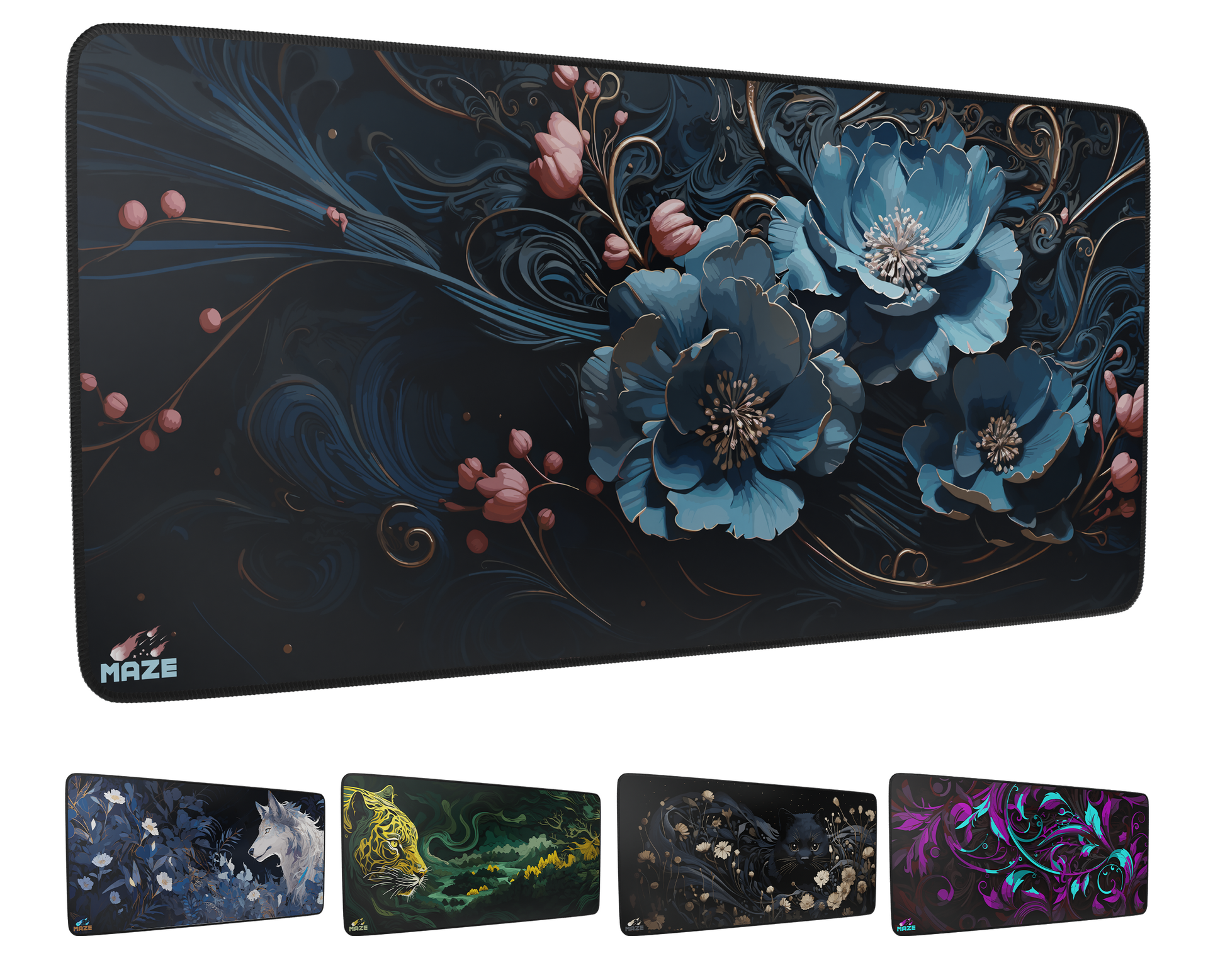 MAZE Celestial Blue Floral Extended Gaming Desk Mat